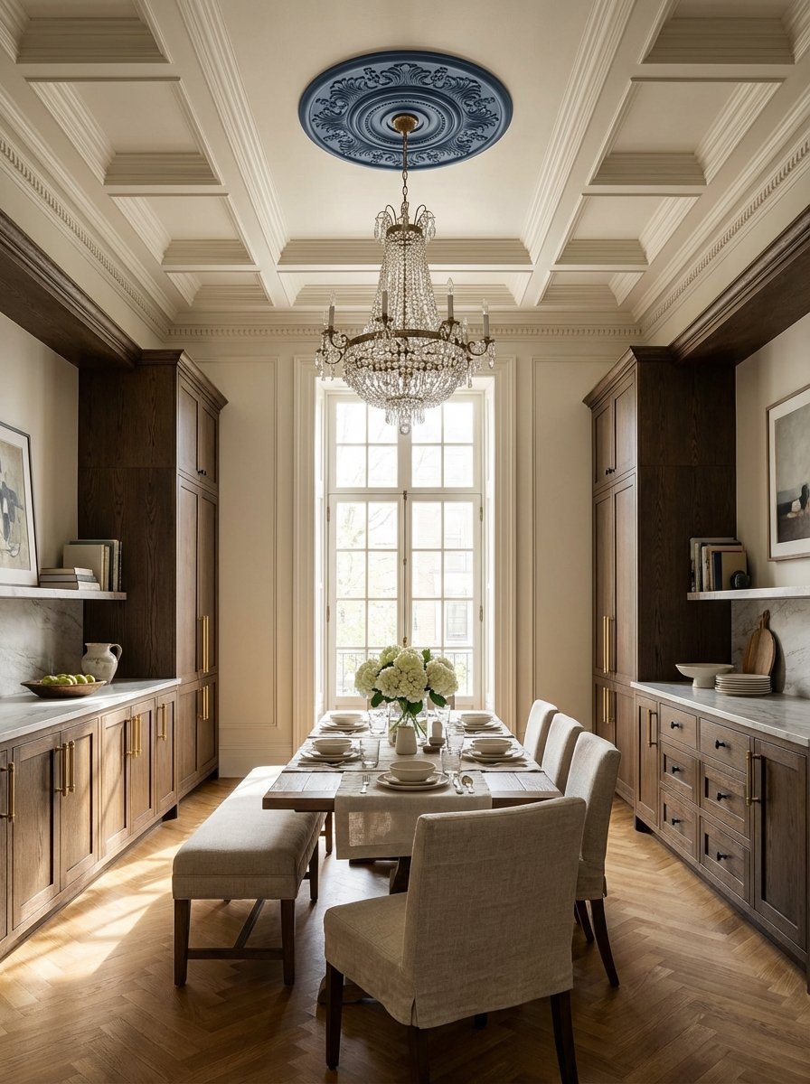 Elegant room featuring layered crown molding with intricate corner details creating sophisticated architectural character