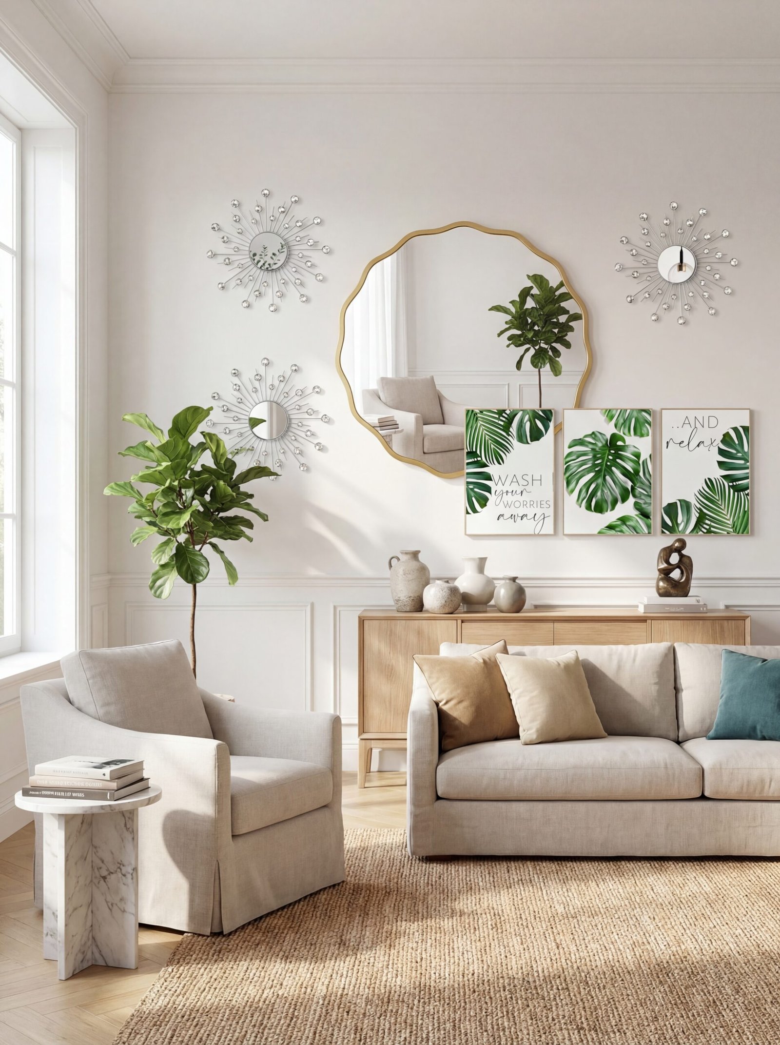 Tropical botanical monstera leaf prints and crystal sunburst mirrors creating bold gallery wall art for sophisticated home decor
