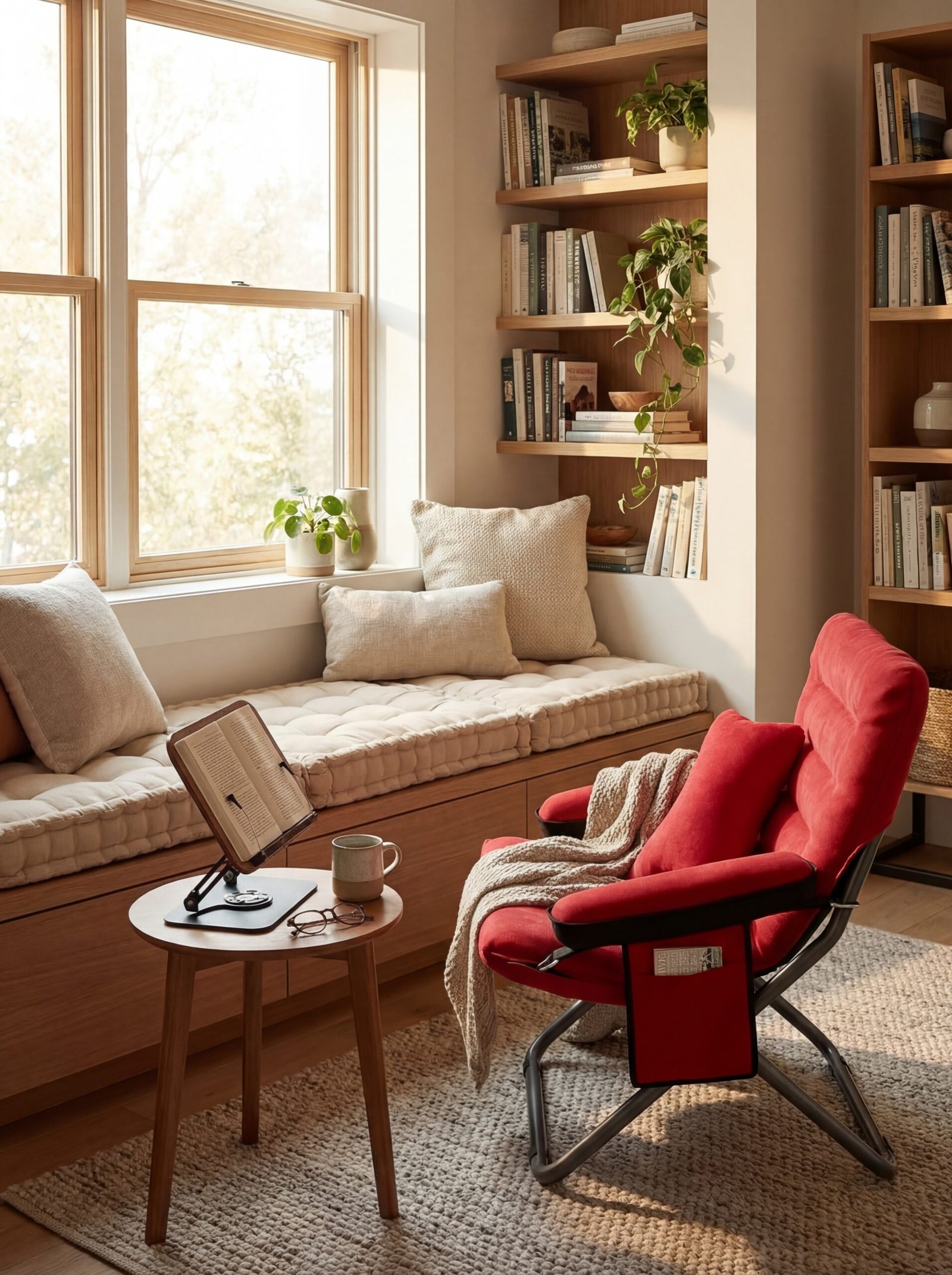 Cozy reading nook setup with folding moon chair, adjustable book stand, and floor meditation cushion creating dedicated relaxation zone