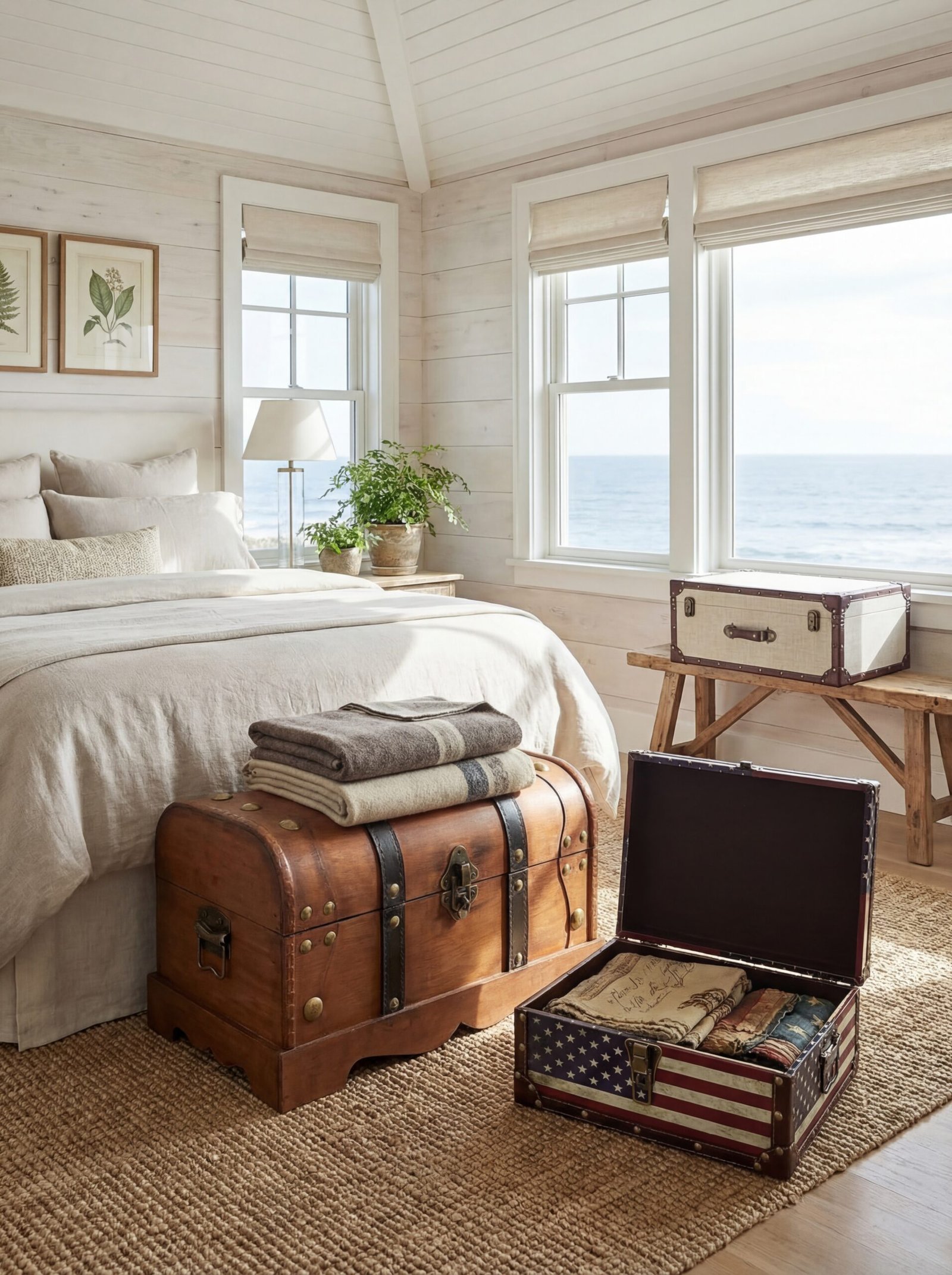 Elegant vintage wooden cedar chest storing precious heirloom textiles and family keepsakes in attic