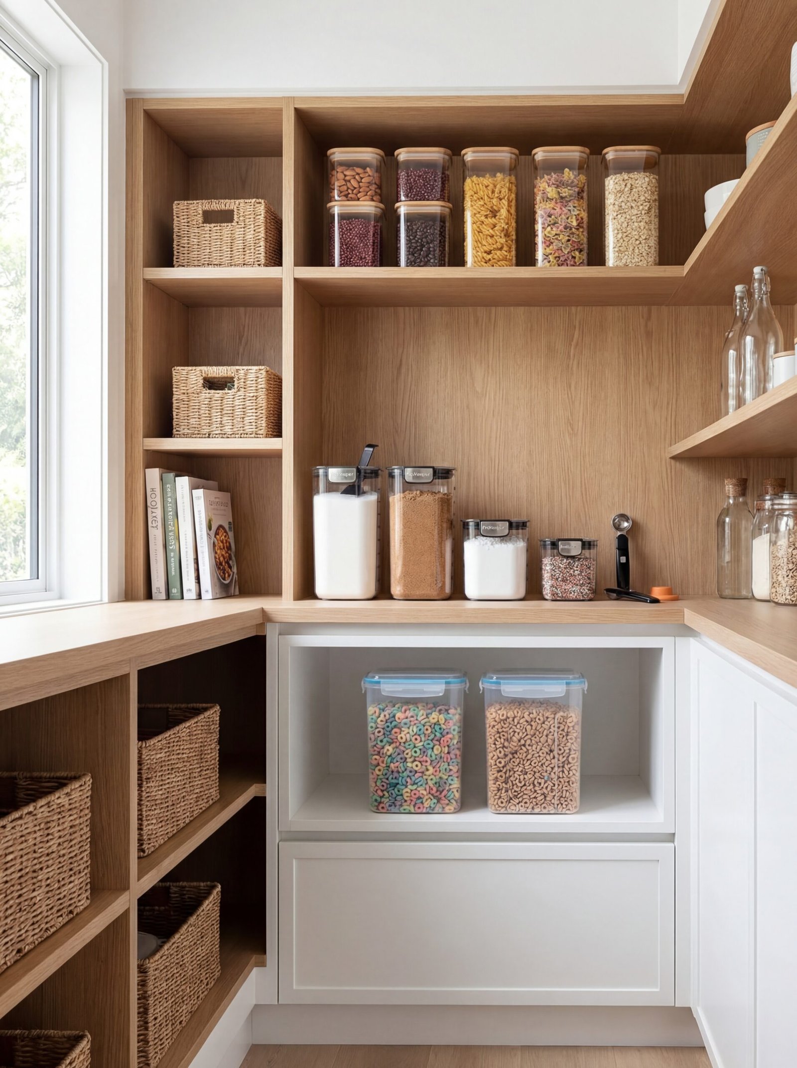 Modern pantry shelves featuring clear airtight containers filled with flour, sugar, cereal, and pasta, creating an organized and visually appealing storage system