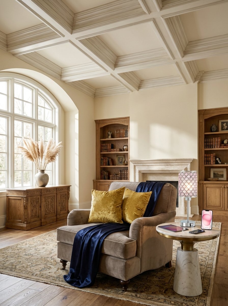 Sophisticated coffered ceiling with recessed panels and decorative beams creating dramatic architectural depth and luxury