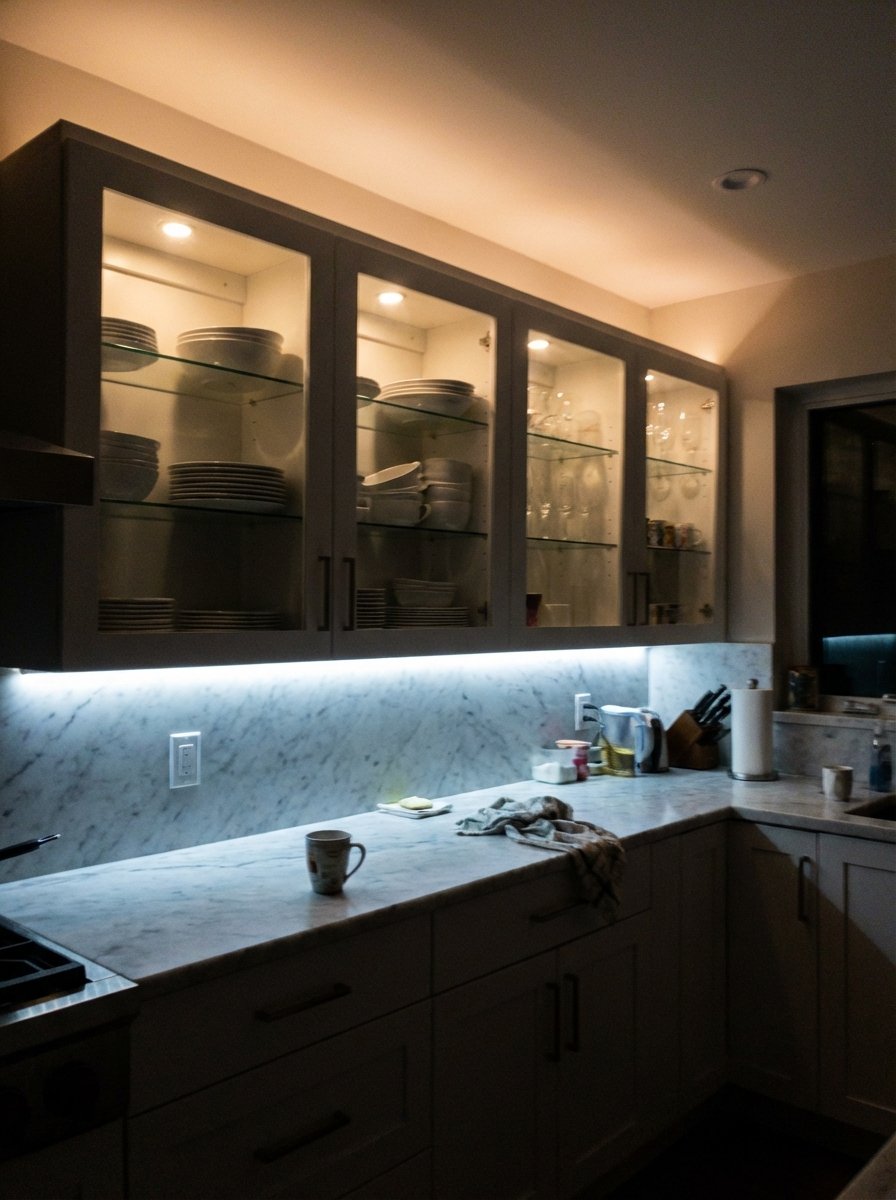 Evening kitchen scene with under-cabinet LED lighting illuminating marble countertops and lit glass-front cabinets displaying white dishes