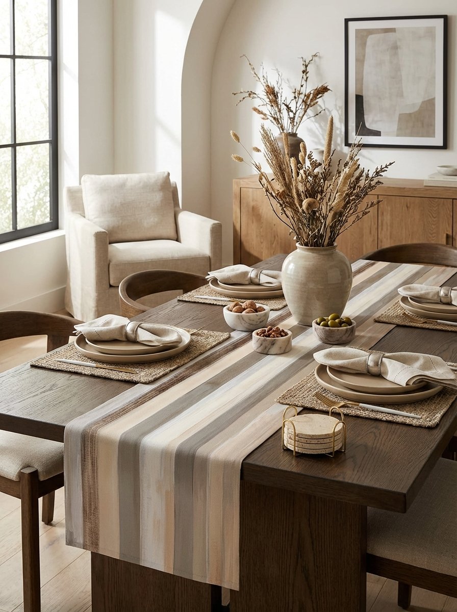 Elegant minimalist dining table with brown grey abstract runner, linen hemstitched napkins, and travertine marble coasters demonstrating neutral layering