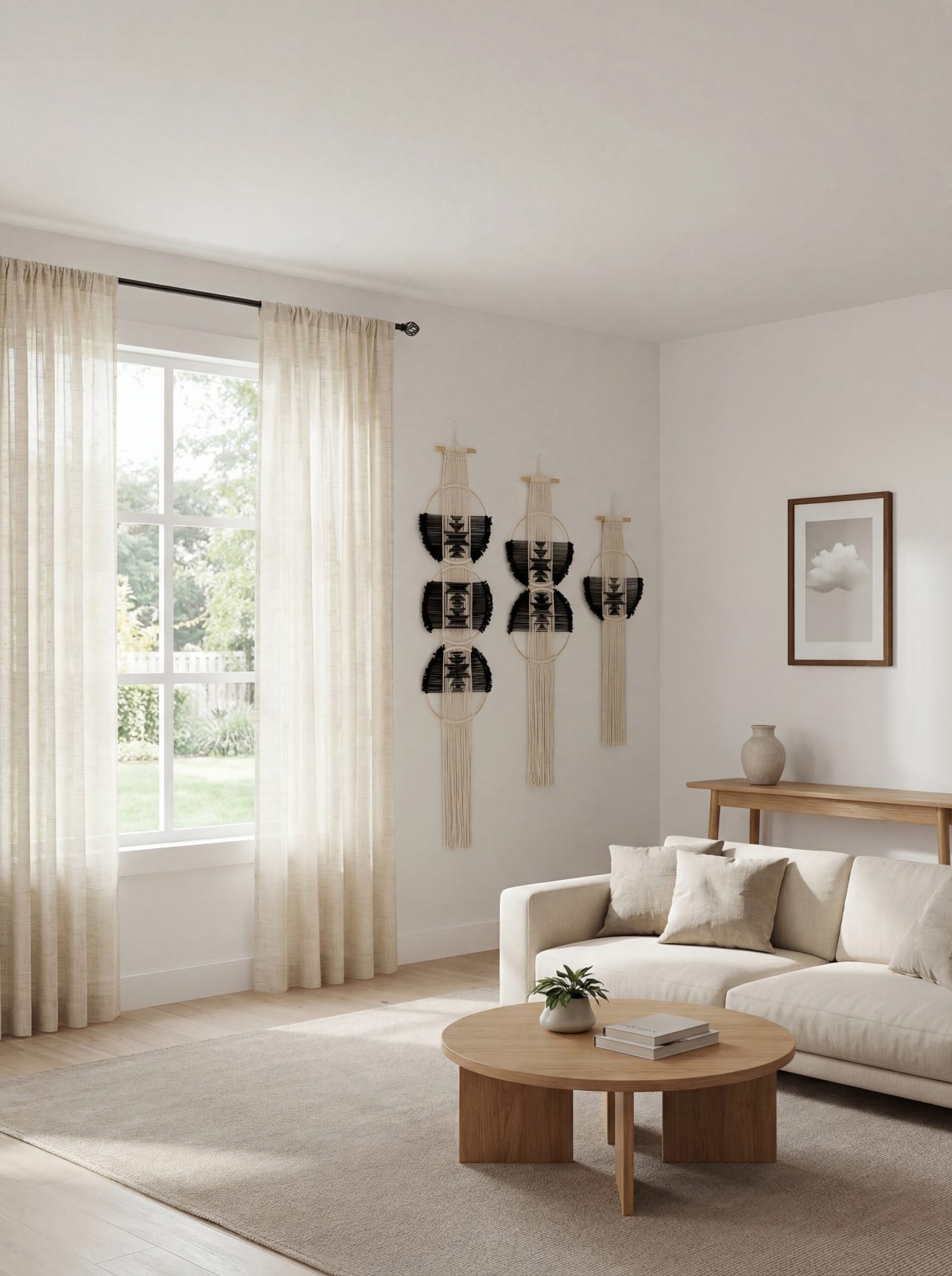 Minimalist Japandi bedroom with strategic empty wall space, single oak frame, and semi-sheer curtains emphasizing intentional emptiness