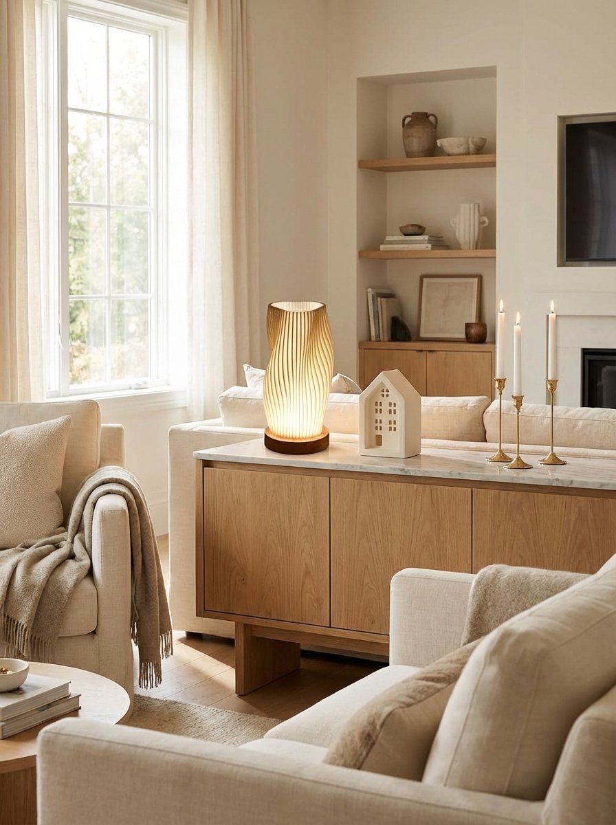 Cohesive minimalist color scheme featuring wooden base bedside lamp with beige shade, ceramic house tea light holder, and vintage brass gold candlestick holders in unified neutral tones