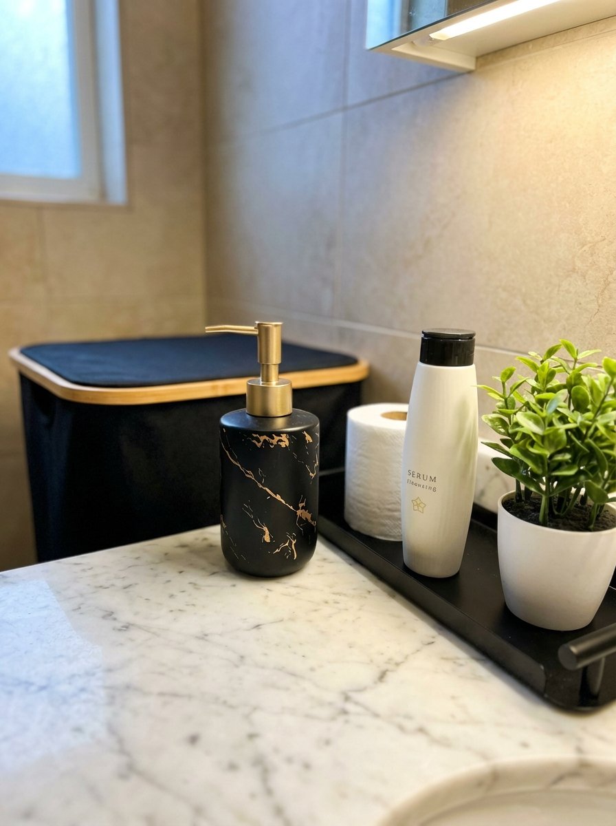 Black and gold bathroom accessories including bamboo hamper, marble-effect soap dispenser, and metal shelf with plant
