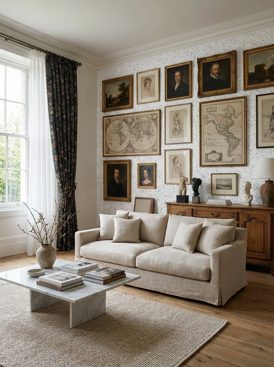 Gallery wall featuring framed abstract prints modern canvas art and carefully arranged collection creating museum-quality display