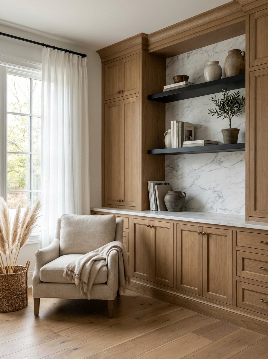 Floor-to-ceiling custom built-in shelving with integrated lighting and styled accessories creating library-worthy sophistication