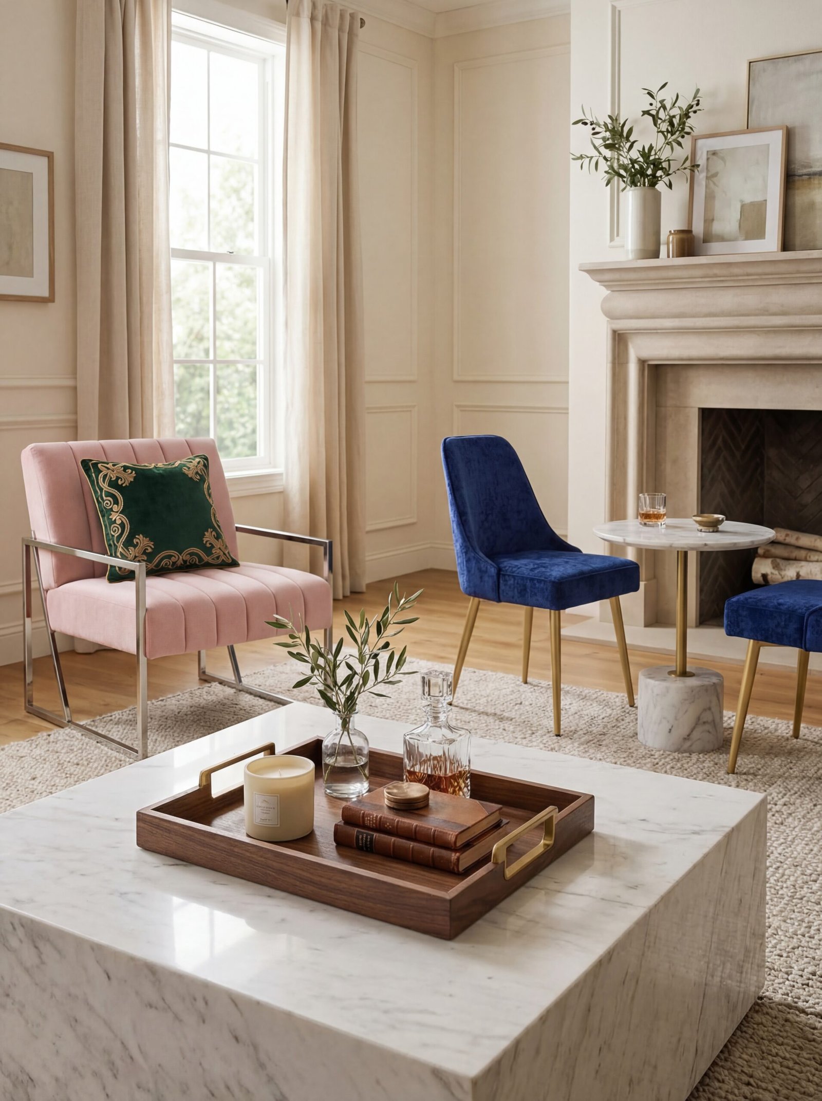 Stylish velvet accent chairs in pink and navy blue with decorative embroidered throw pillows for chic organized living room decor