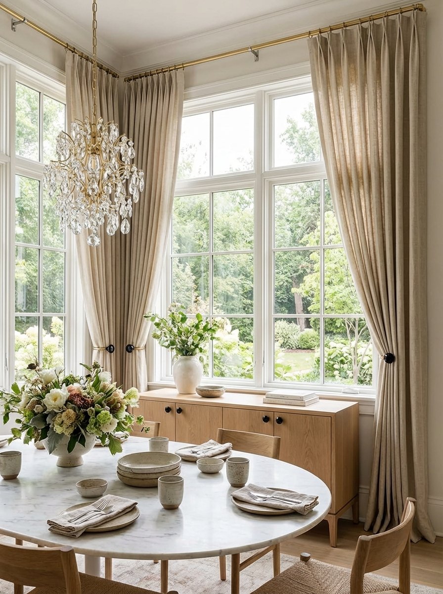 Elegant floor-to-ceiling curtains with layered roman shades and sophisticated hardware creating museum-quality window dressing