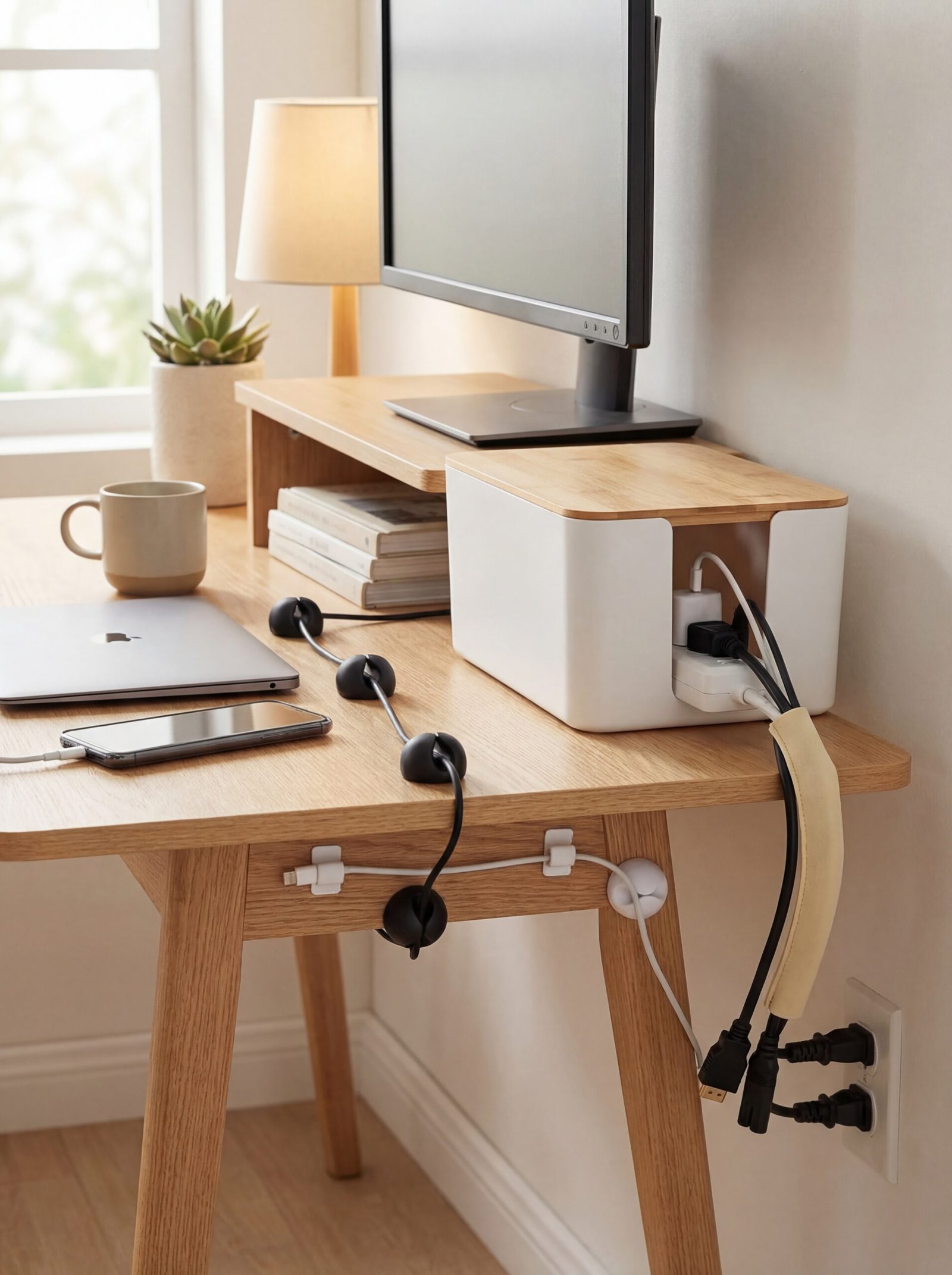 Clean gaming desk setup showcasing professional cable management solutions with hidden wires and organized power strips