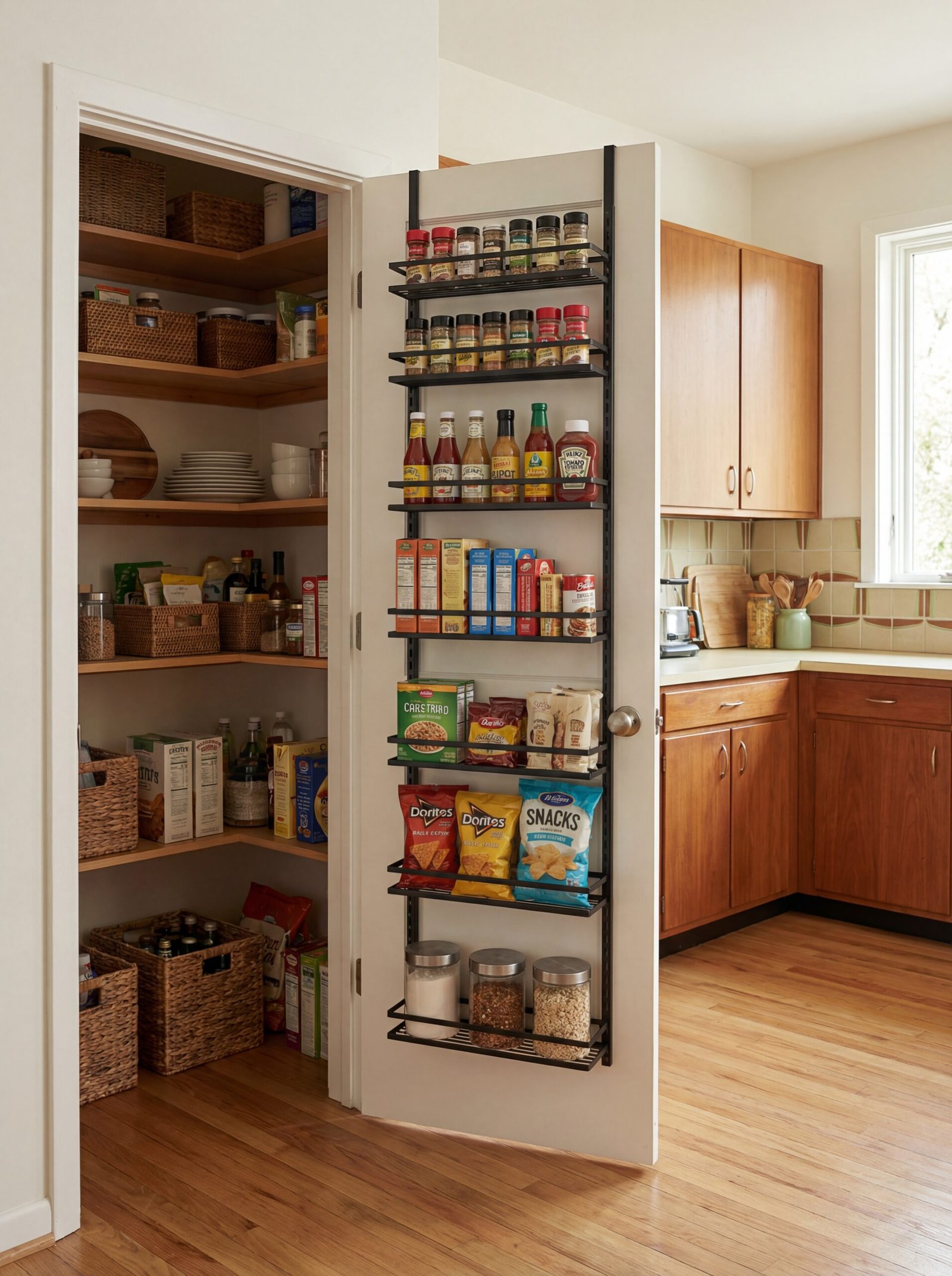 Over-the-door pantry rack with adjustable wire baskets holding spices, condiments, and small packaged goods for space-efficient storage