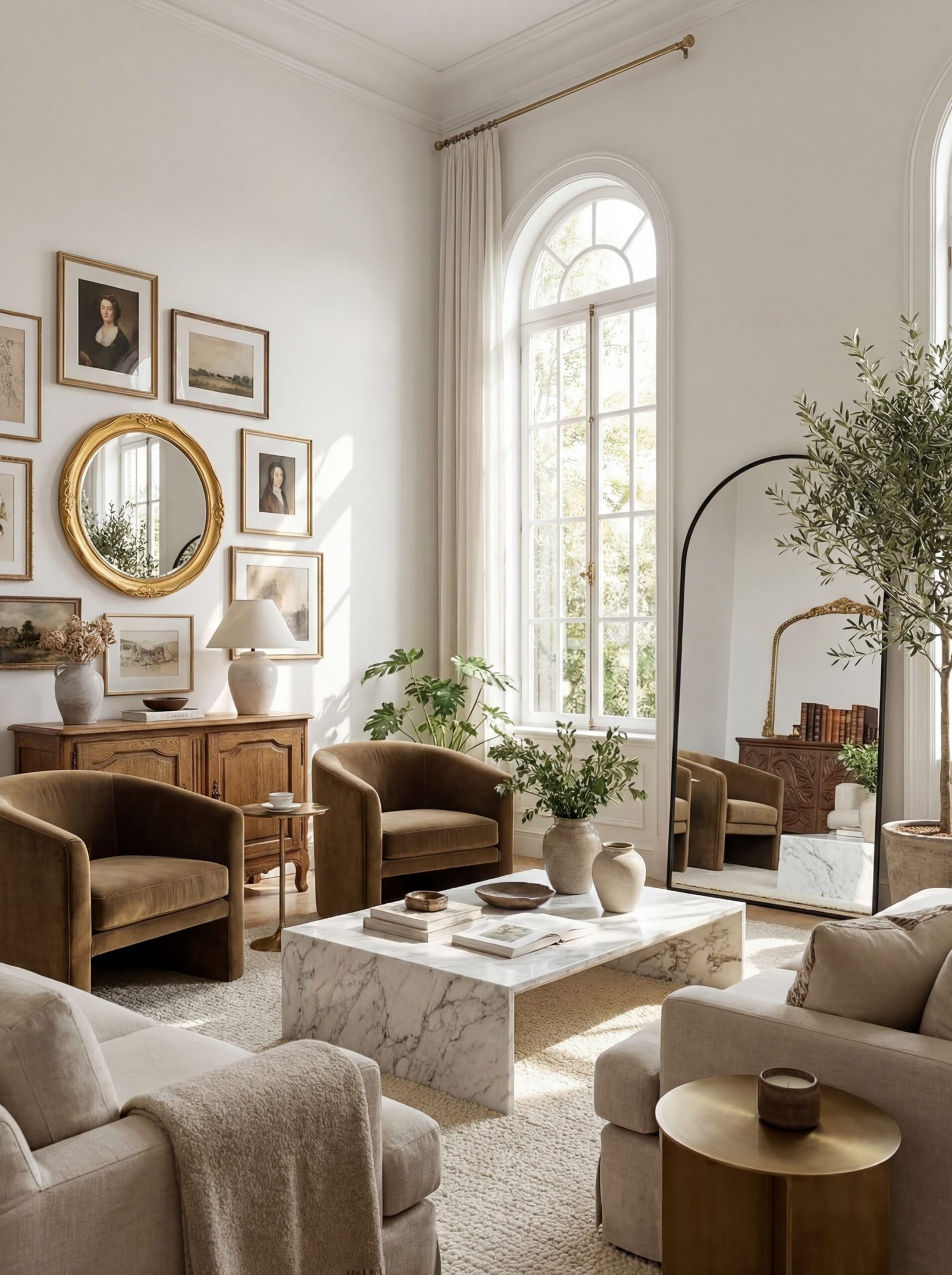 Ornate baroque gold vintage mirrors and sleek arched floor mirrors adding elegant depth and glamorous reflection to luxury interiors