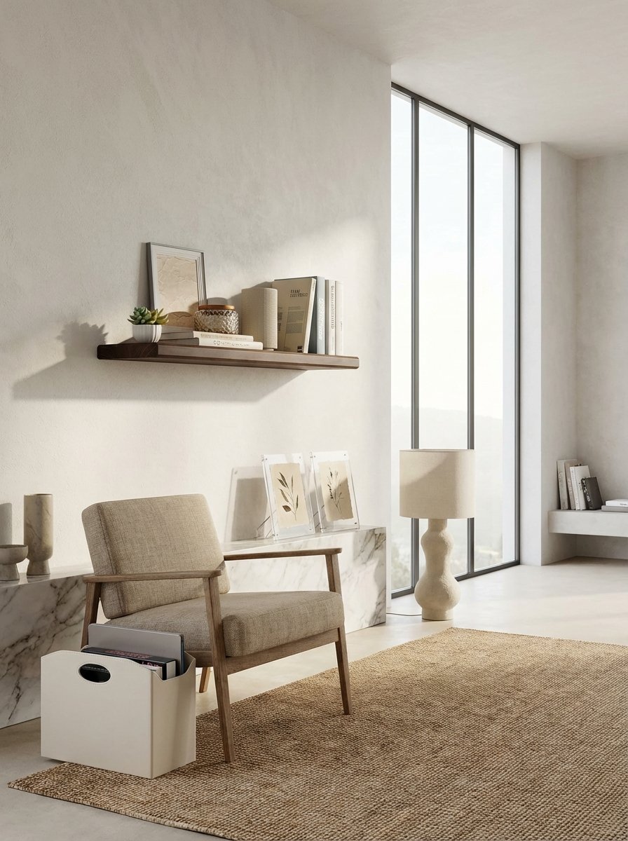 Minimalist living room showcasing negative space with floating shelves, clear acrylic frames, and organized magazine holders creating an airy aesthetic