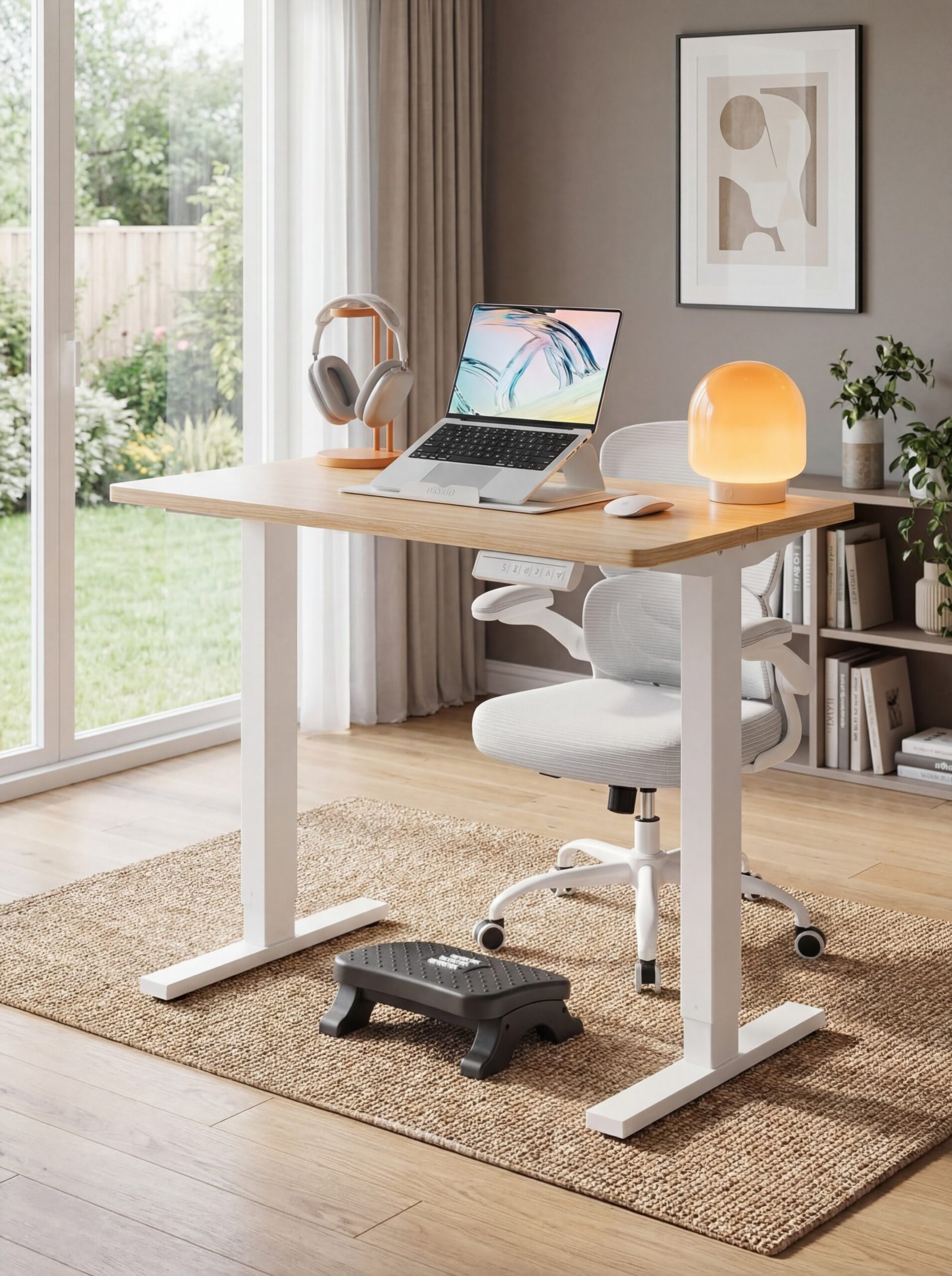 Ergonomic home office setup featuring adjustable standing desk, supportive mesh chair with lumbar support, and under-desk footrest for optimal body alignment and comfort