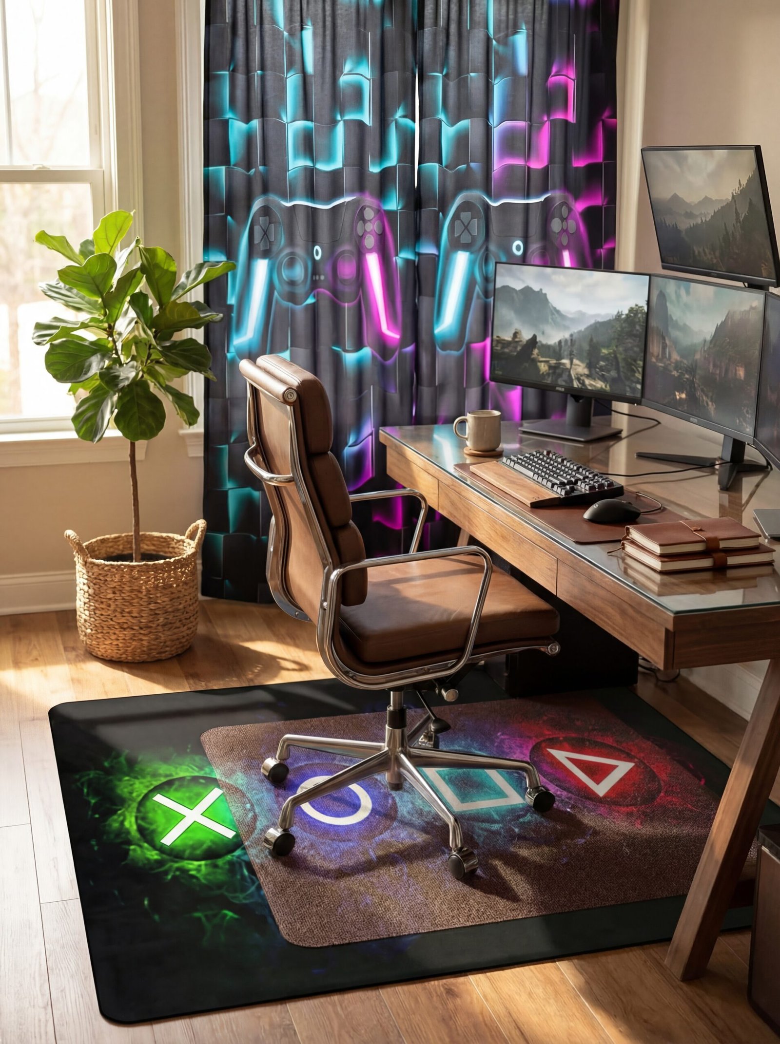 Gaming room featuring premium textile elements including area rugs, curtains, and chair mats creating luxury ambiance