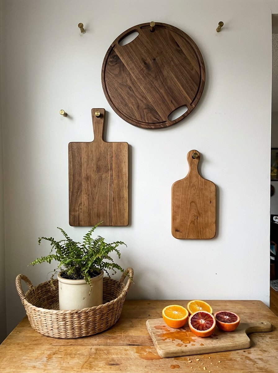 Three artisanal wooden serving boards displayed as wall art above styled vignette with woven basket, potted fern, and fresh citrus on cutting board