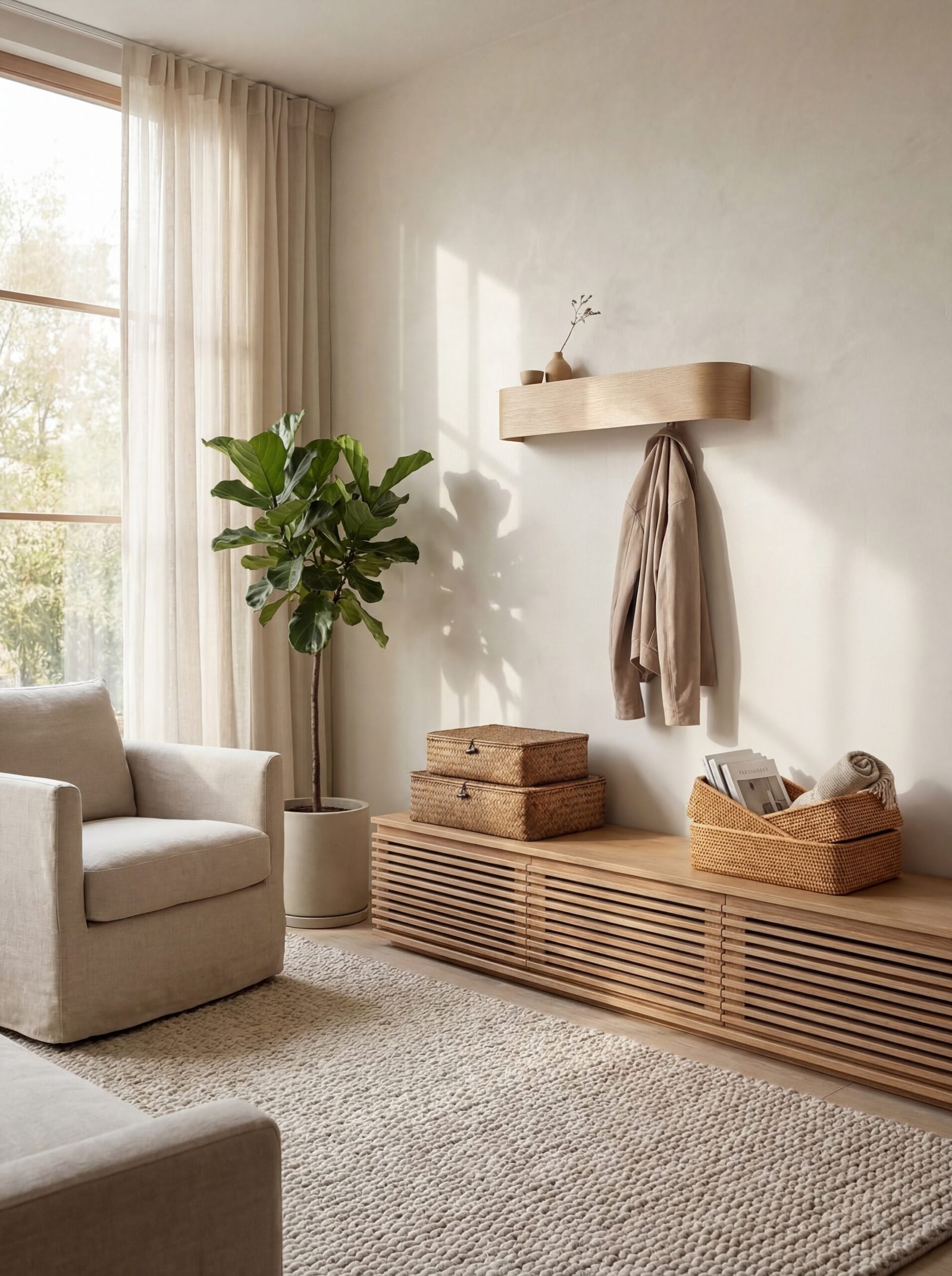 Concealed Japandi bedroom storage with woven seagrass baskets, rattan organizers, and hidden wall-mounted solutions maintaining minimalist aesthetic