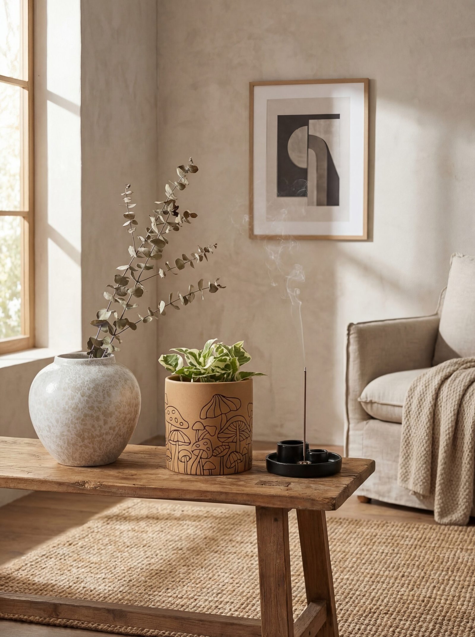 Japandi bedroom styling with handmade ceramic vases, artisan pottery planters, and wabi-sabi aesthetic pieces adding organic character