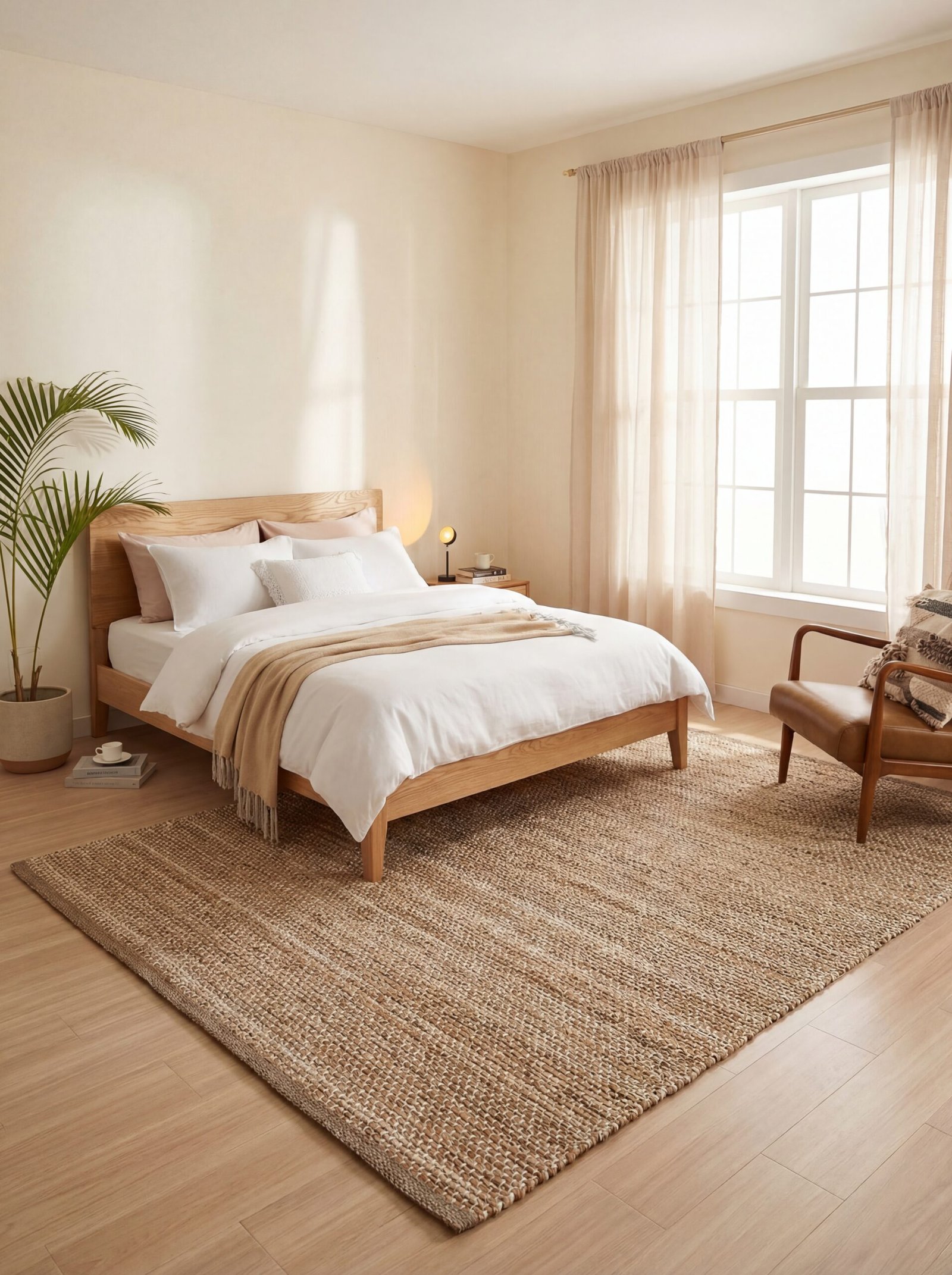 Japandi bedroom featuring natural wood bed frame with neutral beige and linen bedding creating a harmonious, calming atmosphere