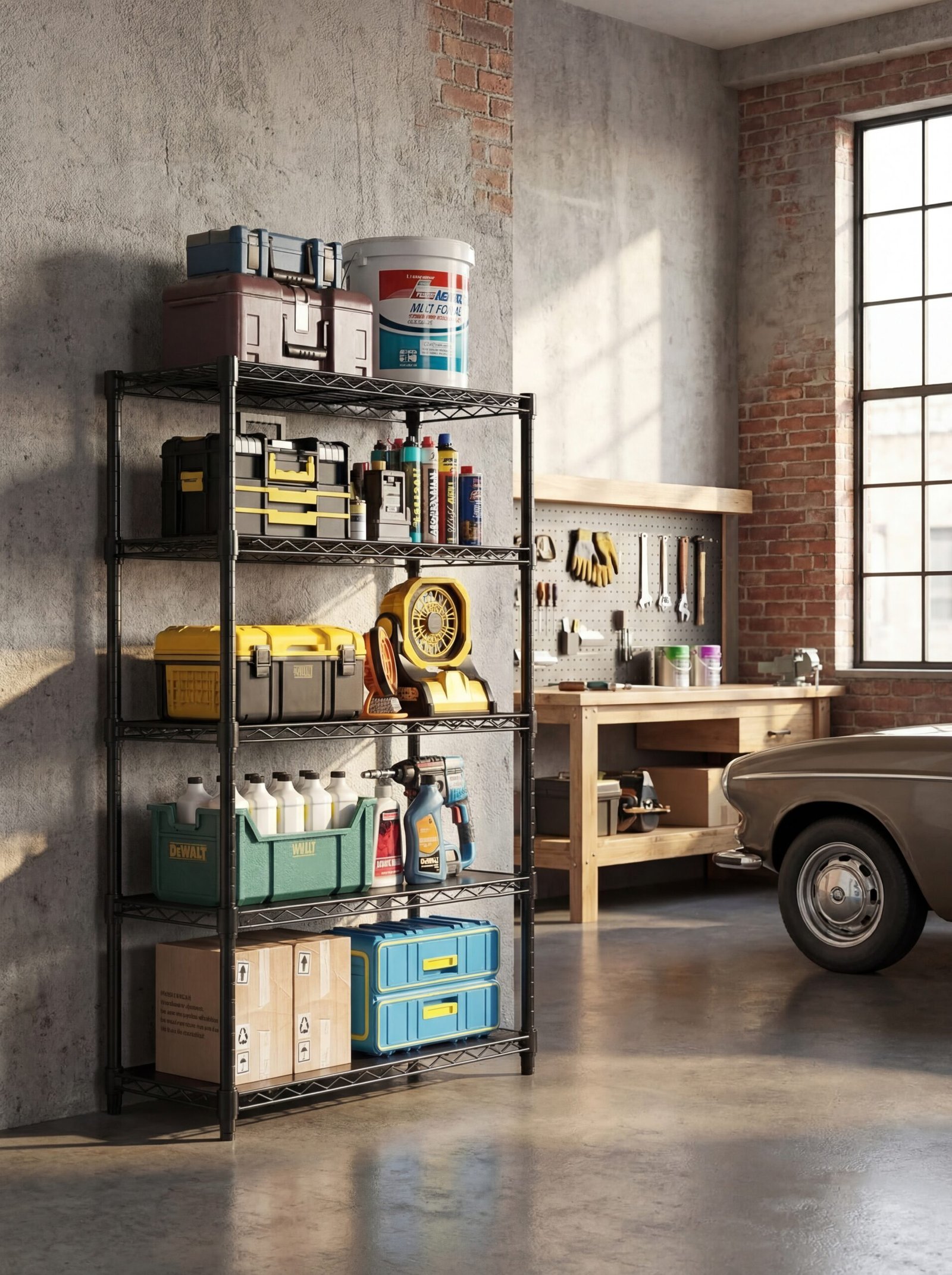 Industrial-grade metal shelving unit holding organized storage bins in well-lit attic