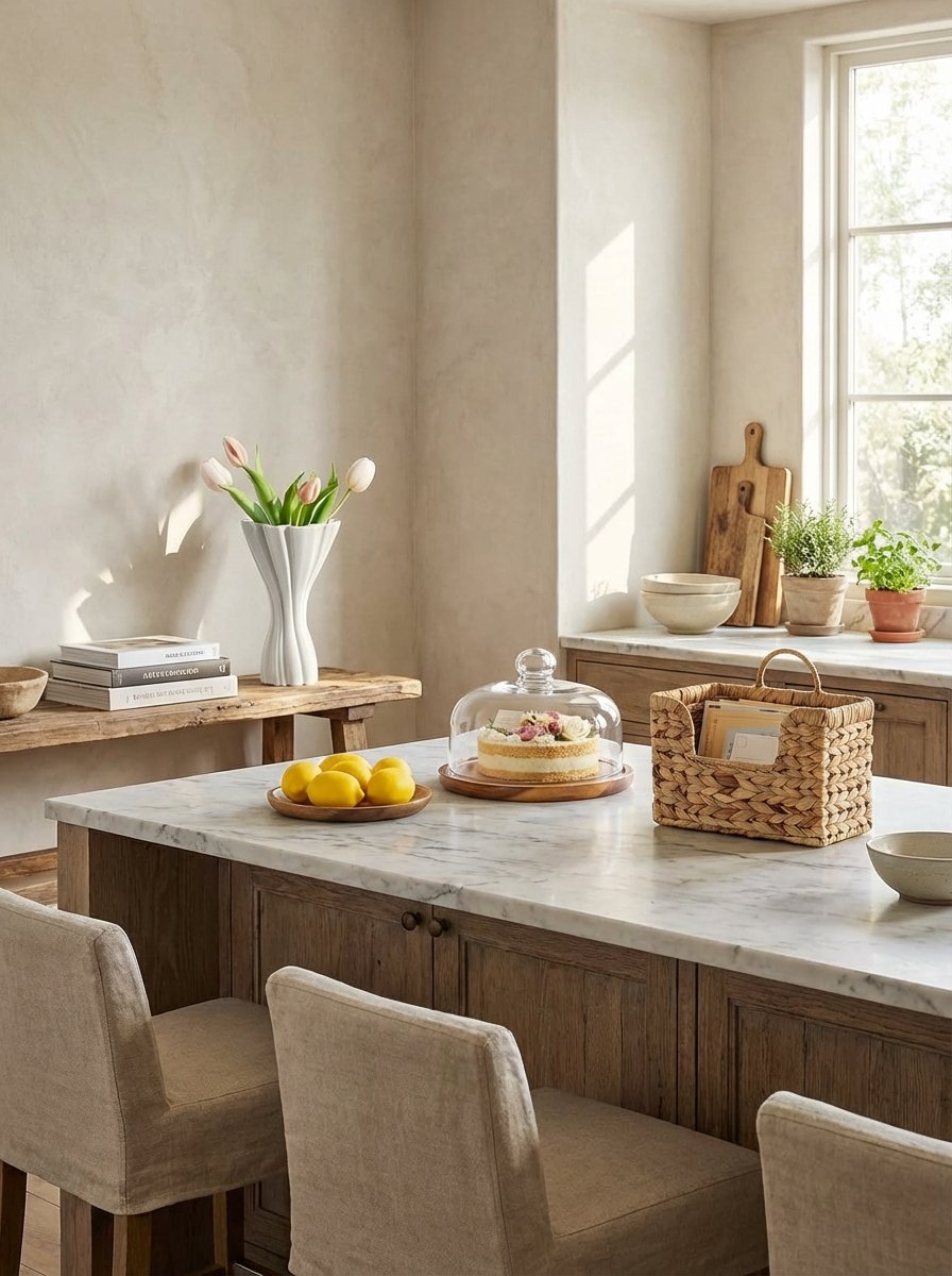 Natural material showcase in minimalist home featuring wooden base with glass dome, organic white ceramic vase, and woven water hyacinth wall basket
