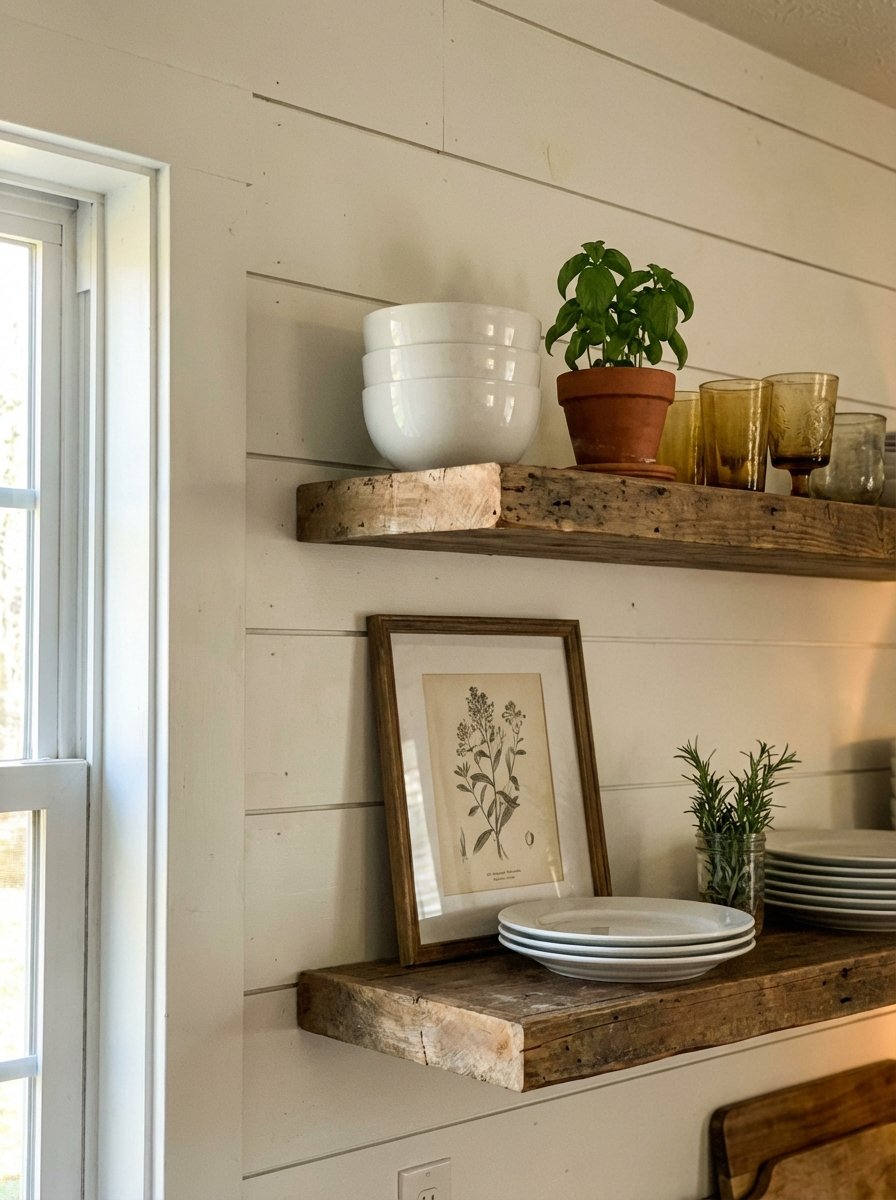 Floating wooden kitchen shelves styled with white ceramic dishes, fresh herbs, and vintage glassware against white shiplap wall