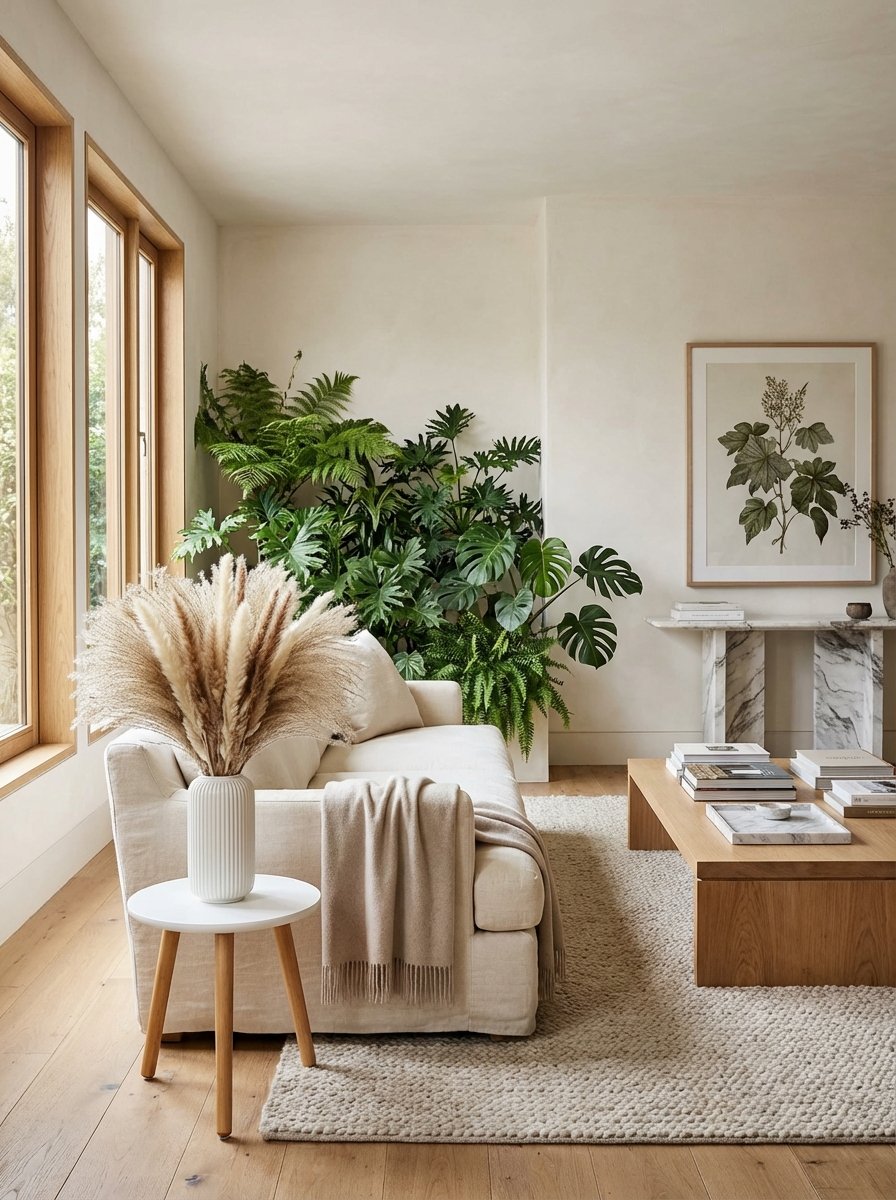 Minimalist plant styling with white ceramic vase holding dried pampas grass on mid-century modern wooden plant stand demonstrating greenery as sculptural elements
