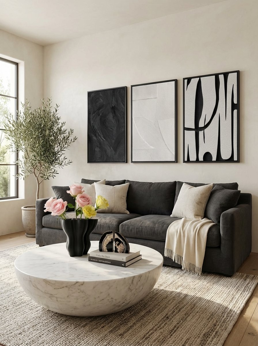 Minimalist interior featuring framed black and white abstract wall art, sculptural black ceramic vase, and crystal agate bookends as statement pieces