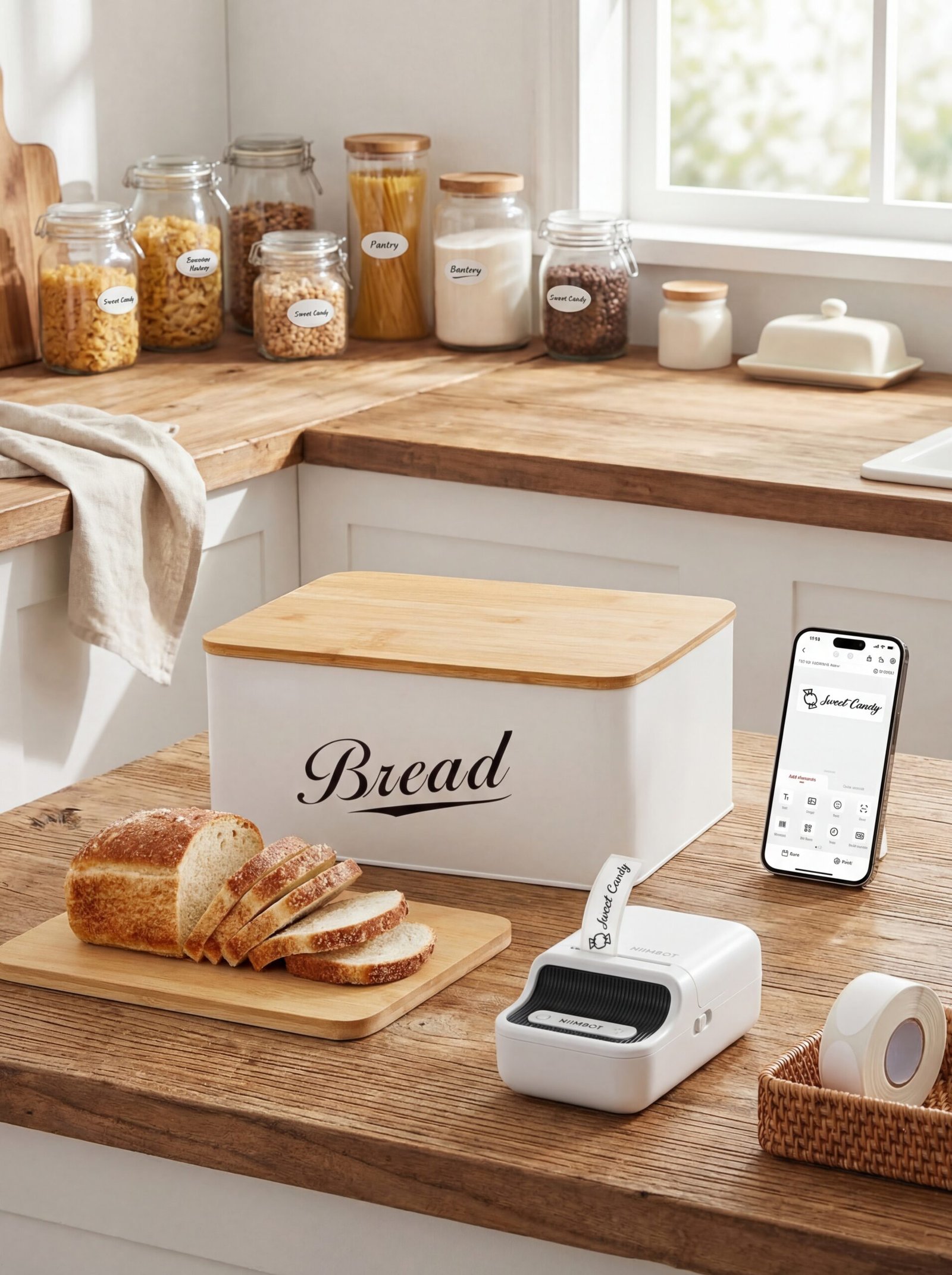 Beautifully labeled pantry containers with custom tags showing contents and expiration dates for flour, pasta, rice, and other dry goods