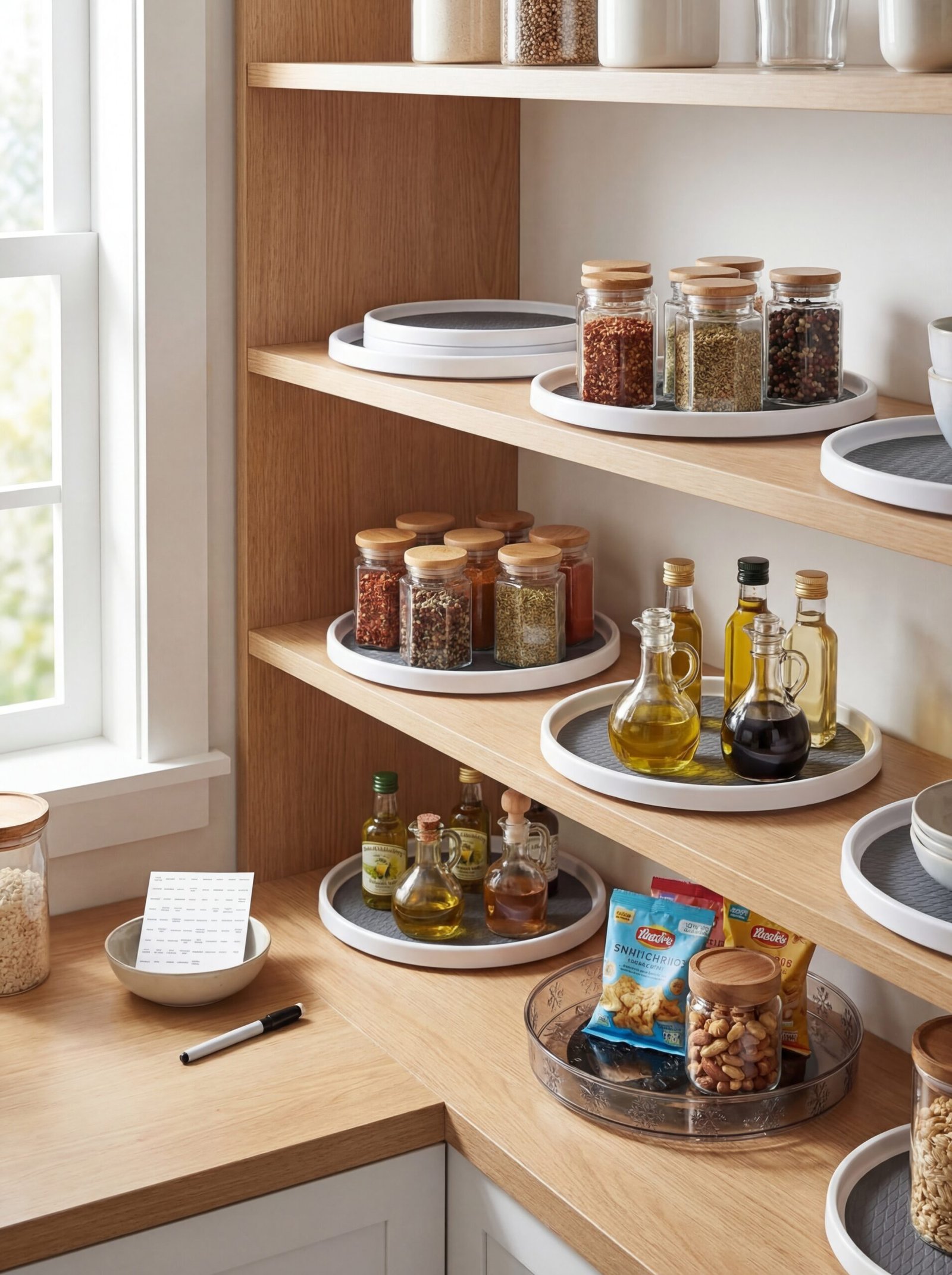 Organized pantry shelf with lazy susan turntables holding spice jars, condiment bottles, and cooking oils for easy access to items in deep cabinets