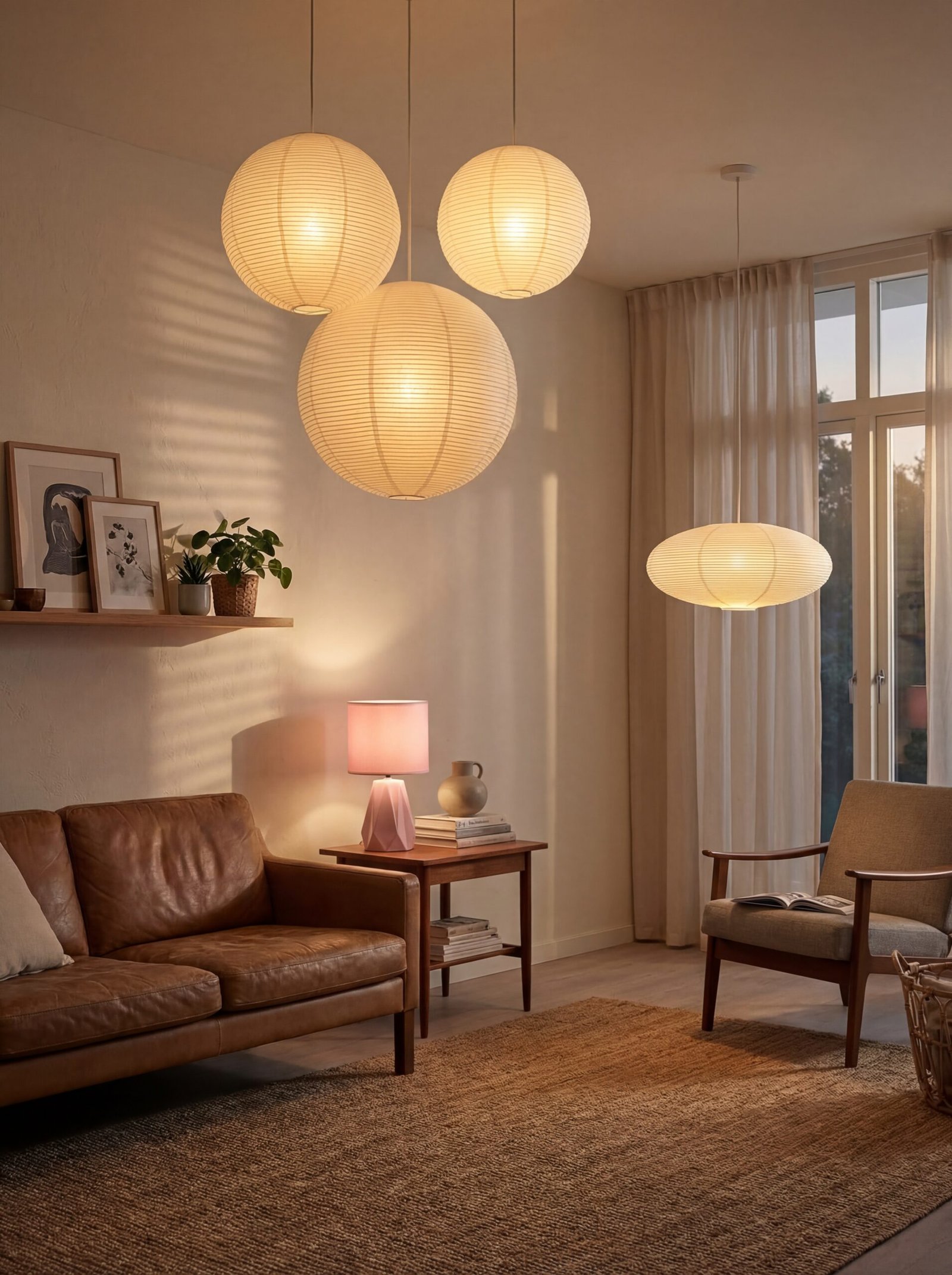 Japandi bedroom with rice paper pendant lights and ceramic table lamp creating soft, diffused ambient lighting and gentle shadows
