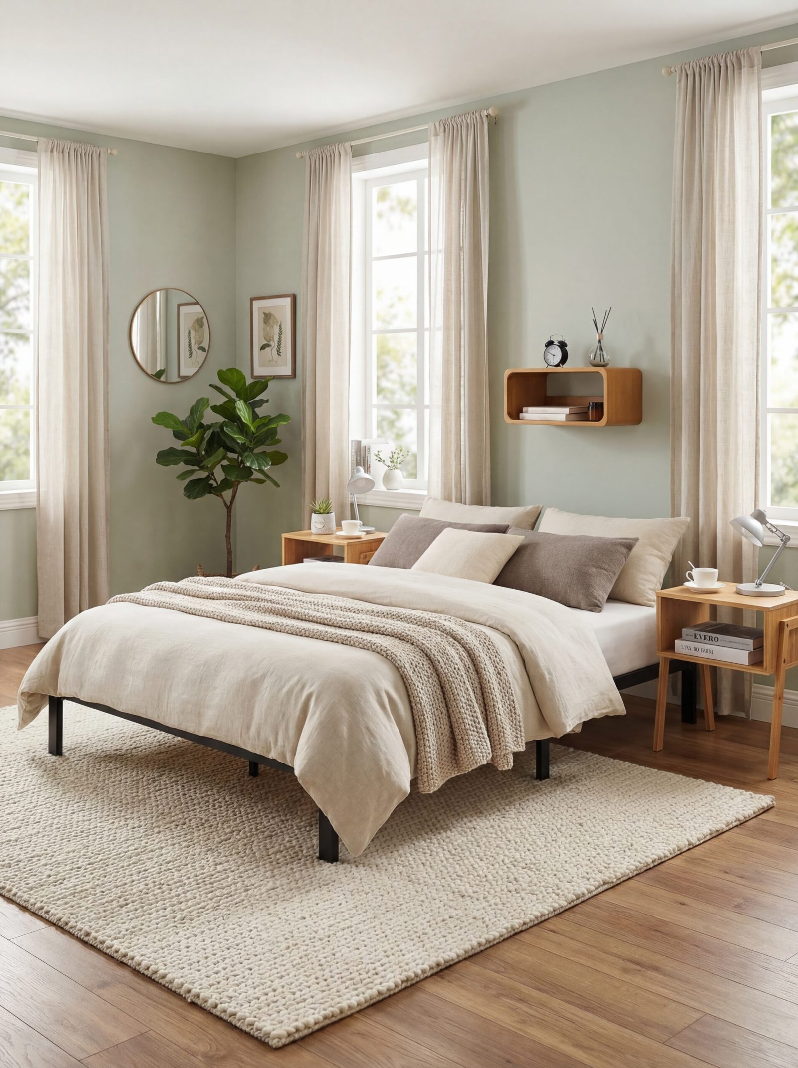 Low-profile Japandi platform bed with minimalist bamboo nightstand creating an open, grounded sleeping environment