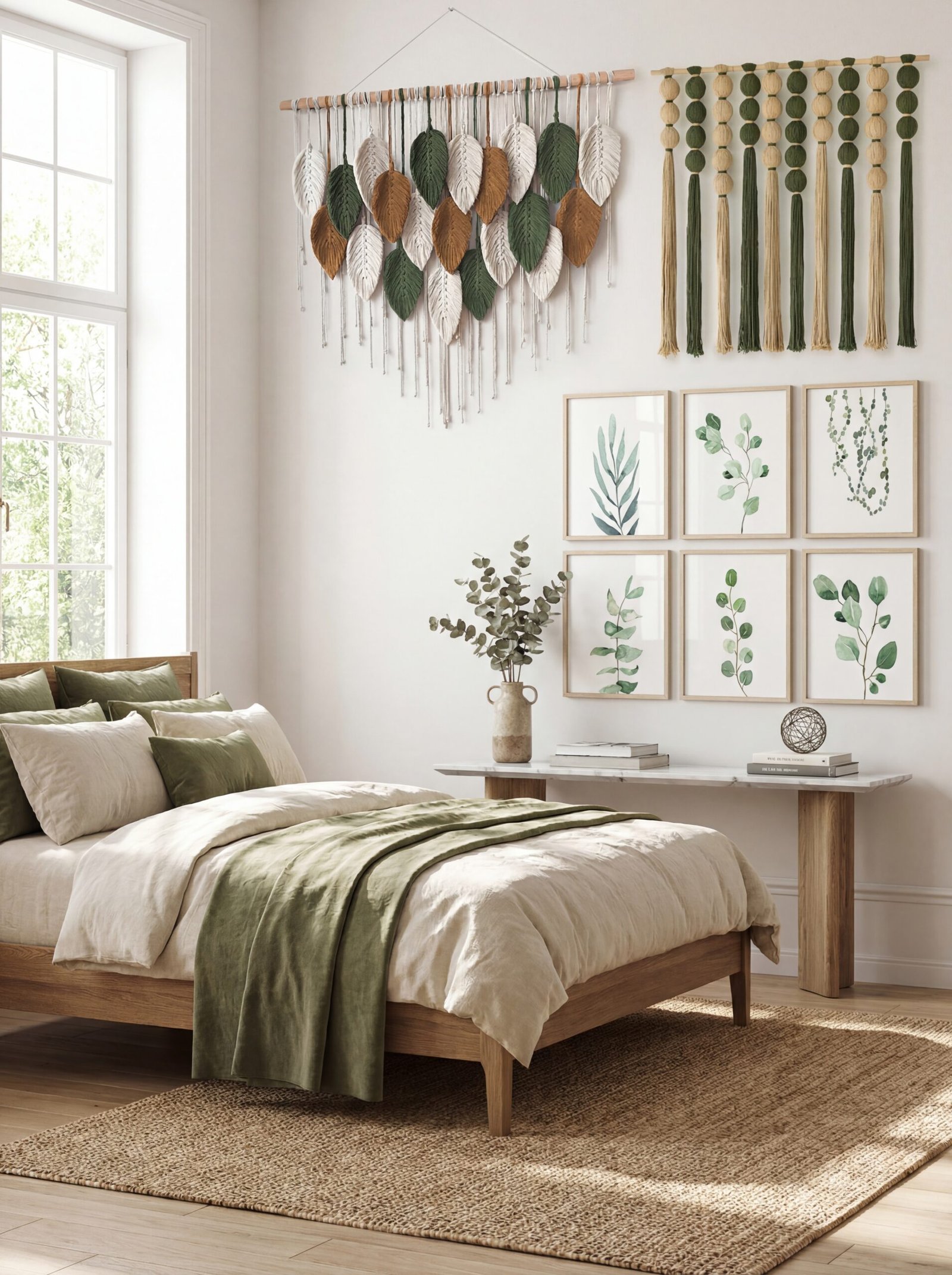 Bohemian macrame wall hanging and botanical leaf art prints showcasing luxurious textile decor for modern living spaces