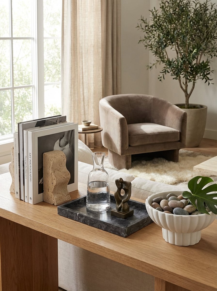 Curated minimalist styling vignette with travertine wave bookends, black marble tray, and white ceramic pedestal bowl demonstrating strategic object placement