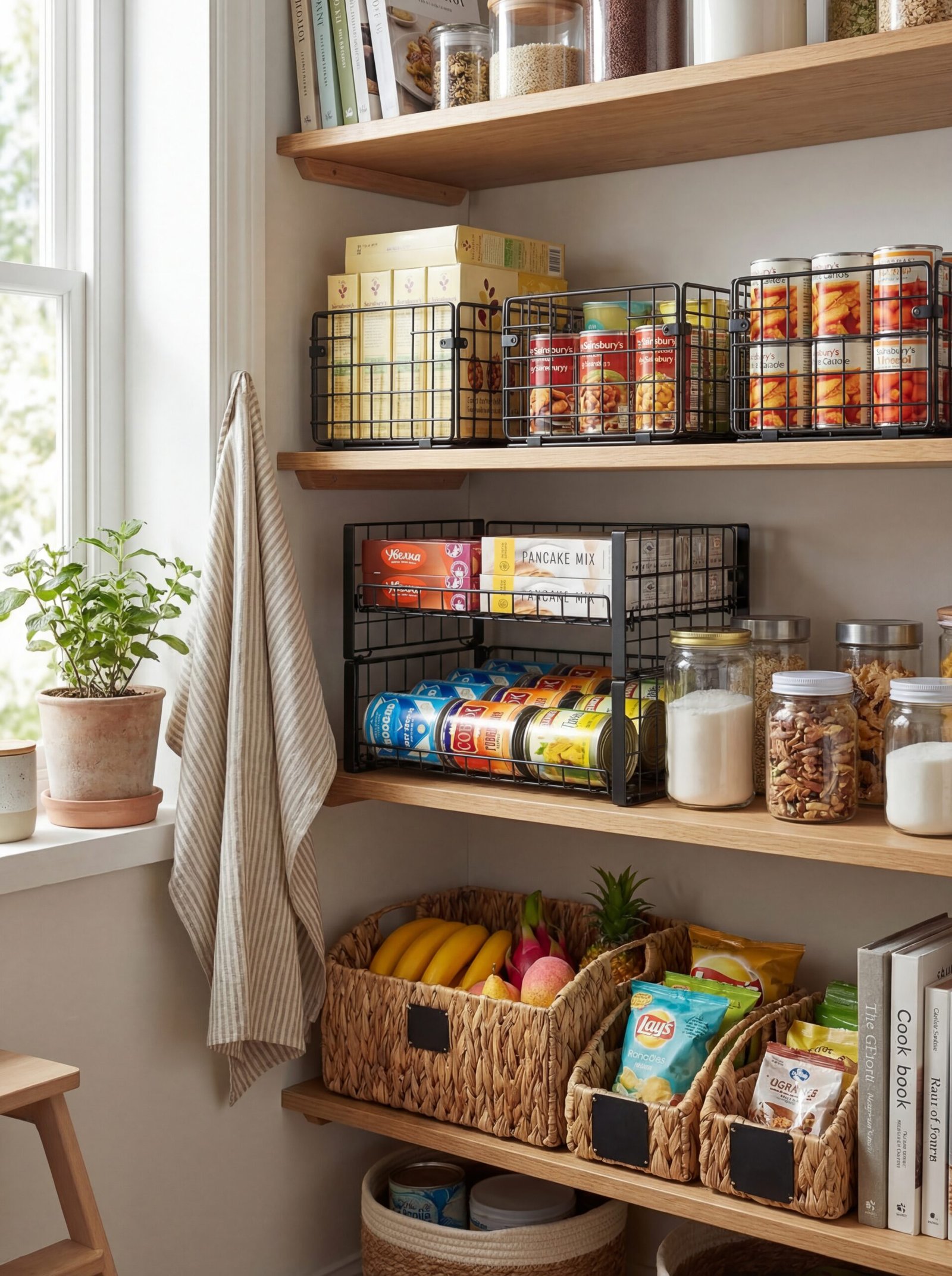 Coordinated set of woven and wire baskets organizing pantry shelves with snacks, produce, and packaged goods
