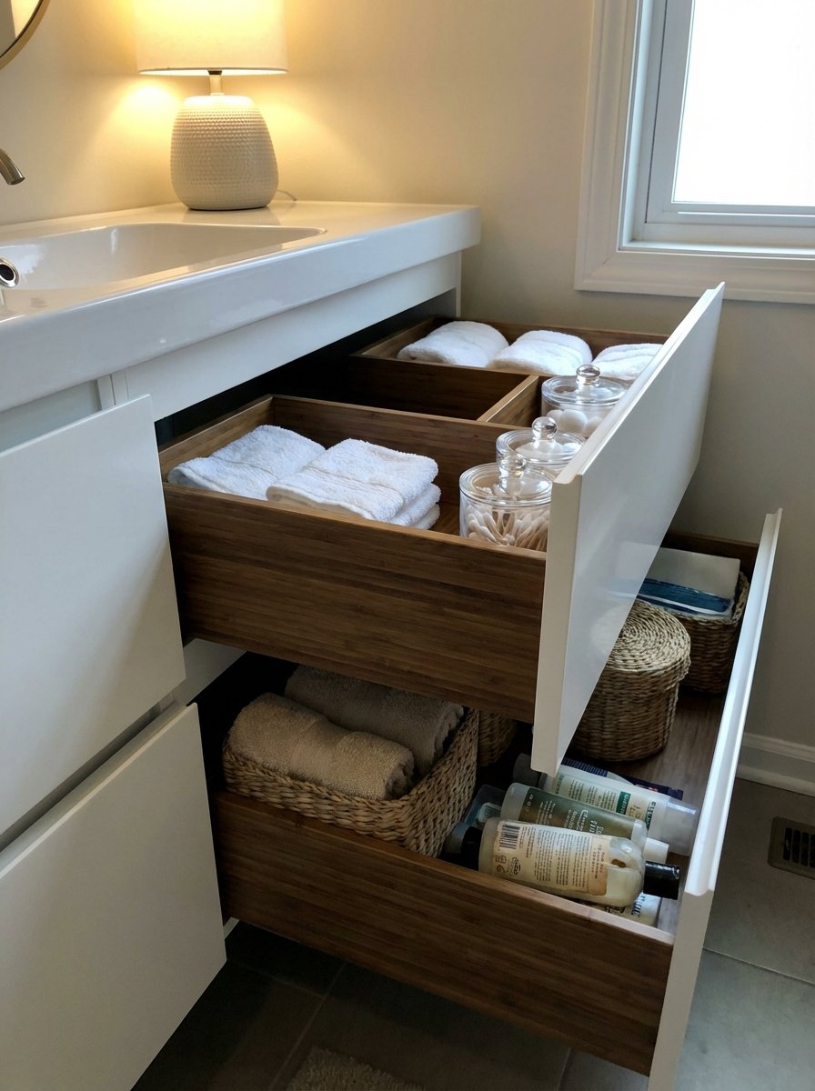 Organized bathroom vanity drawer with compartmentalized storage using glass jars and bamboo dividers