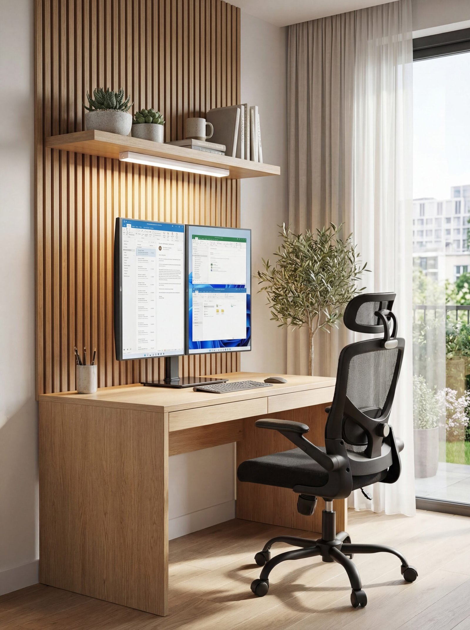 Space-efficient micro-office design with vertical dual monitor stand maximizing desk space, hardwired under-cabinet LED lighting for enhanced task illumination, and compact ergonomic mesh chair for small workspace productivity