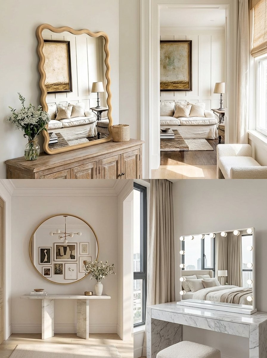 Strategically placed decorative mirrors reflecting natural light and creating illusion of spacious depth in modern interior