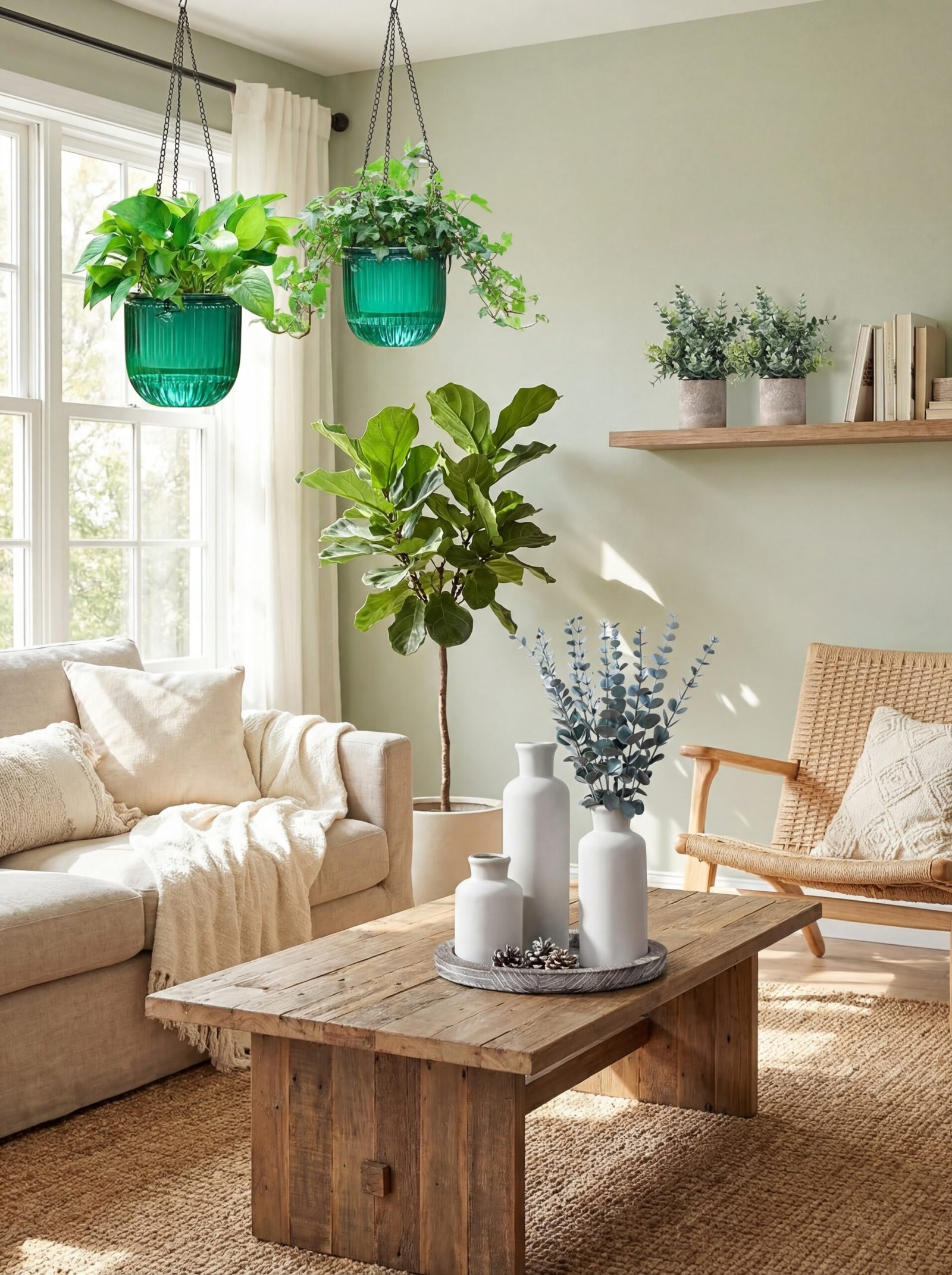 Ceramic vases, hanging planters with greenery, and natural botanical elements creating indoor-outdoor connection