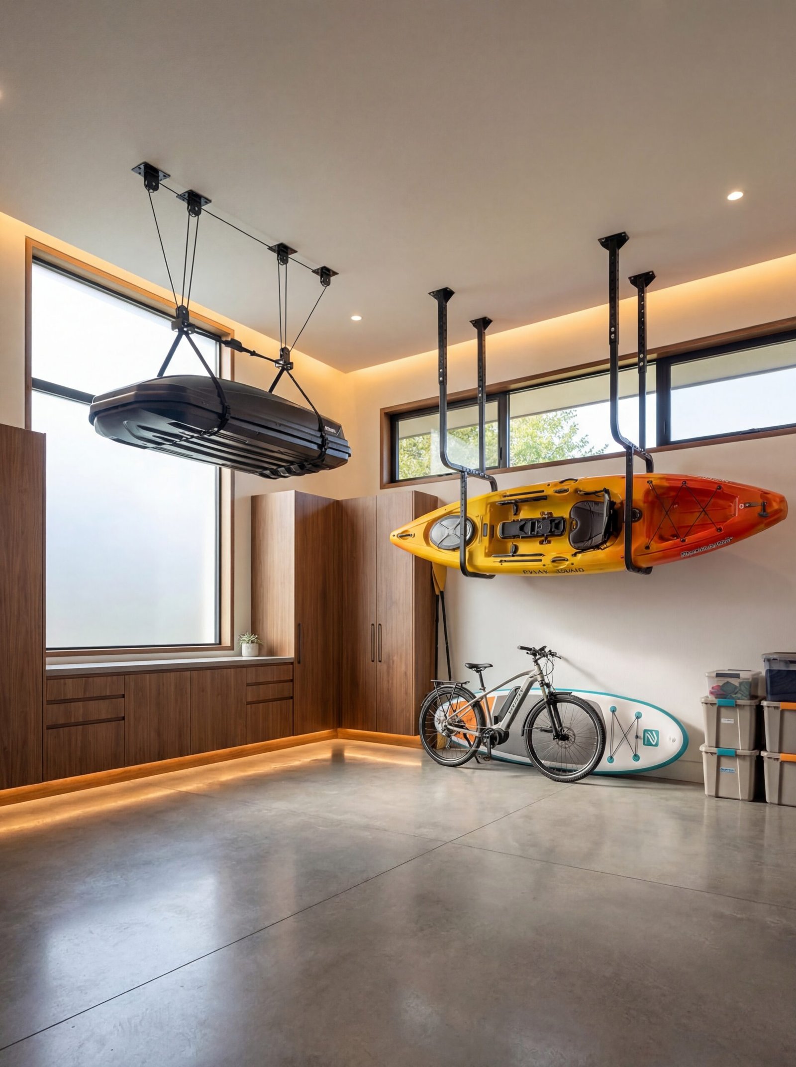 Ceiling-mounted overhead storage rack system maximizing unused vertical space in attic