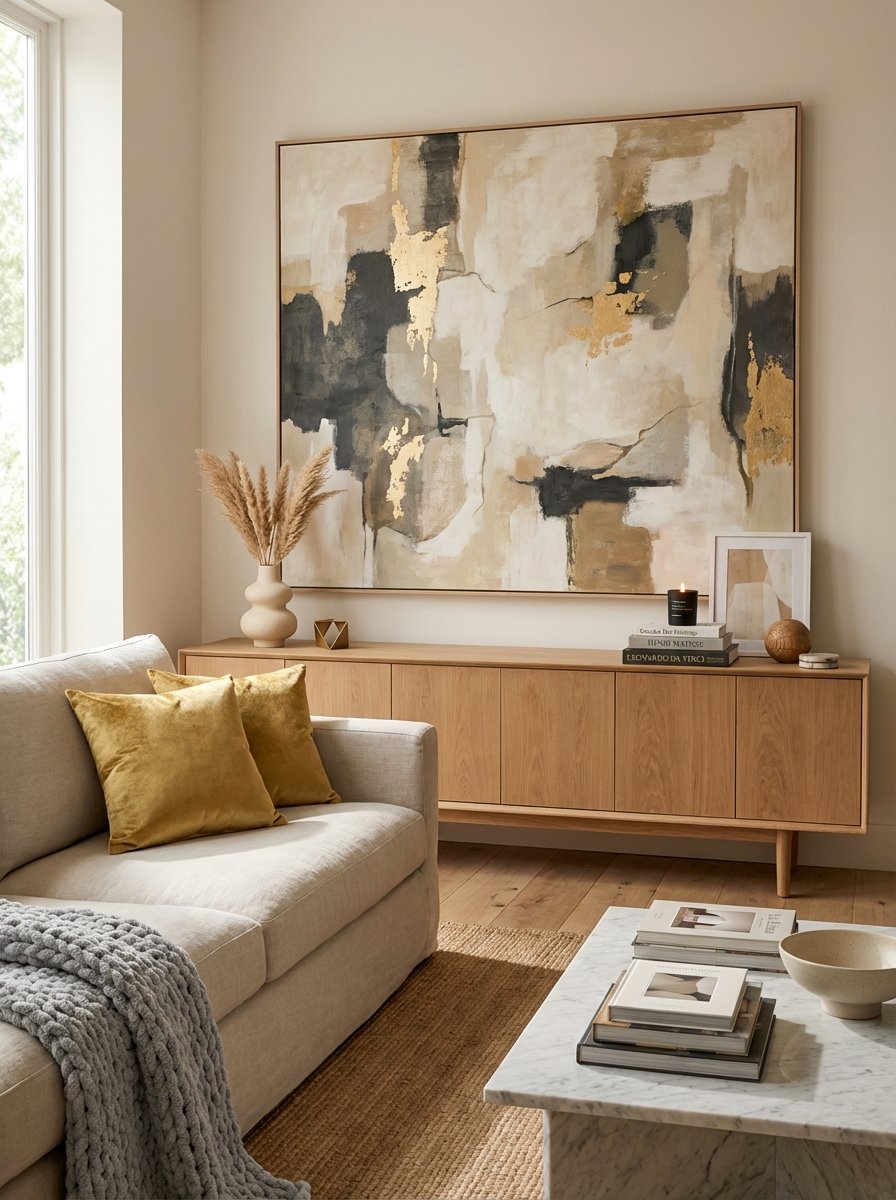 Sophisticated living room styling with elegant linen decorative books, luxurious gold velvet throw pillows, and chunky knit chenille blanket creating an oversized art-inspired aesthetic