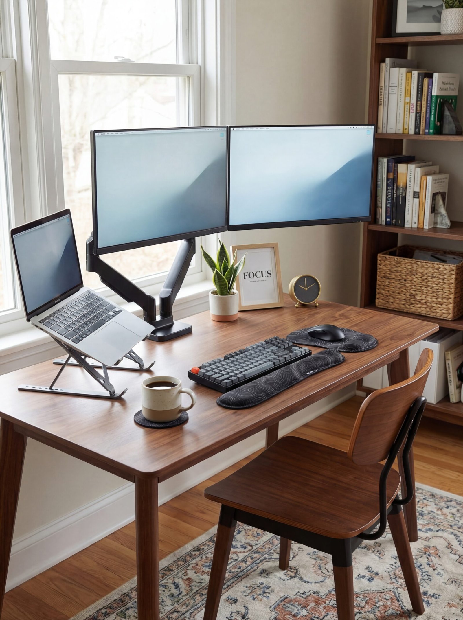 Personalized ergonomic home office featuring dual monitor mount for optimized screen positioning, sleek laptop stand for improved posture, and comfortable gel wrist rest with motivational design for long work sessions