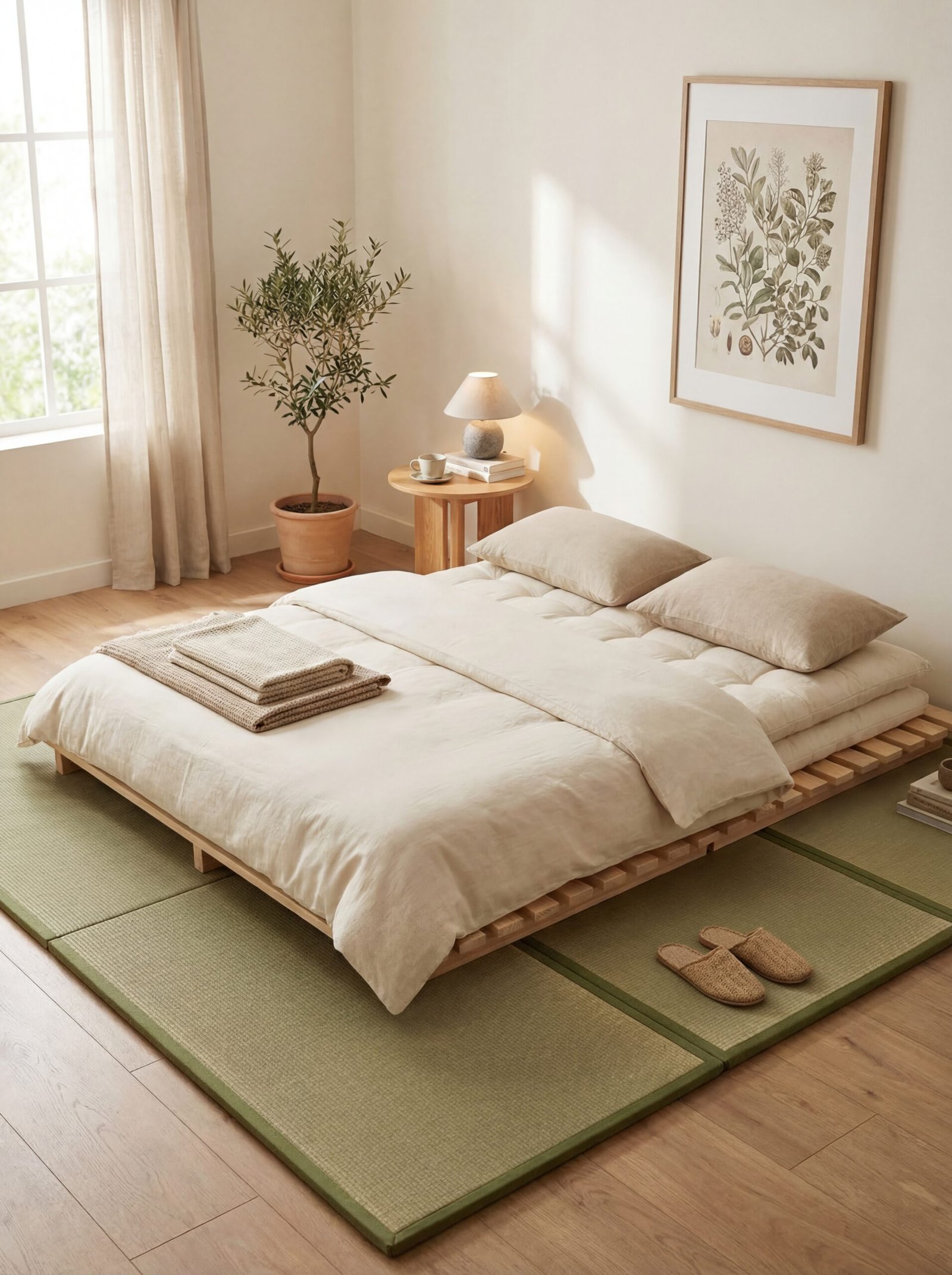 Traditional Japanese tatami platform bed with wood slats and low profile design embodying minimalist Japandi sleeping philosophy