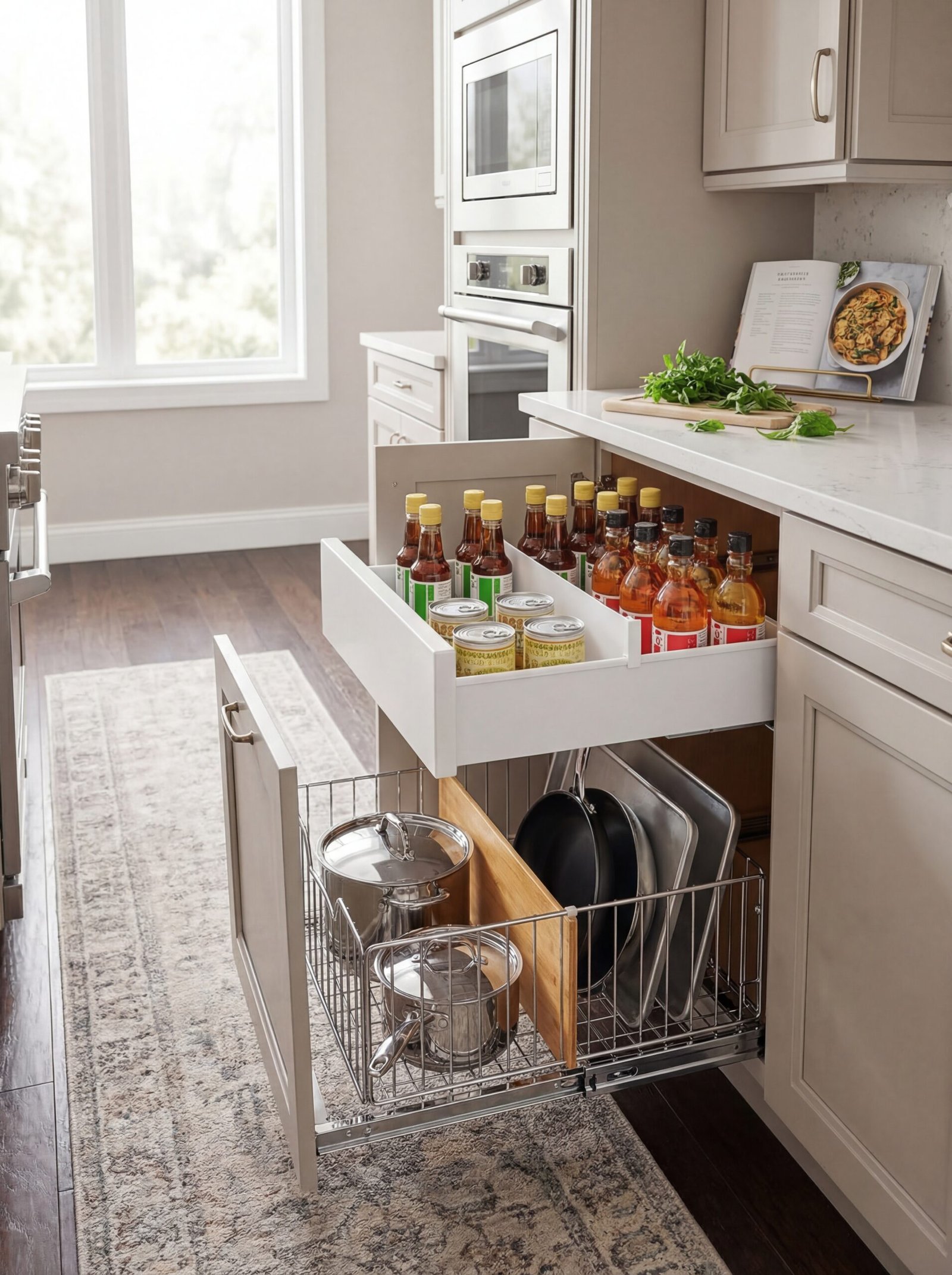 Sliding pull-out drawer organizer in lower pantry cabinet with easy access to pots, pans, and small appliances