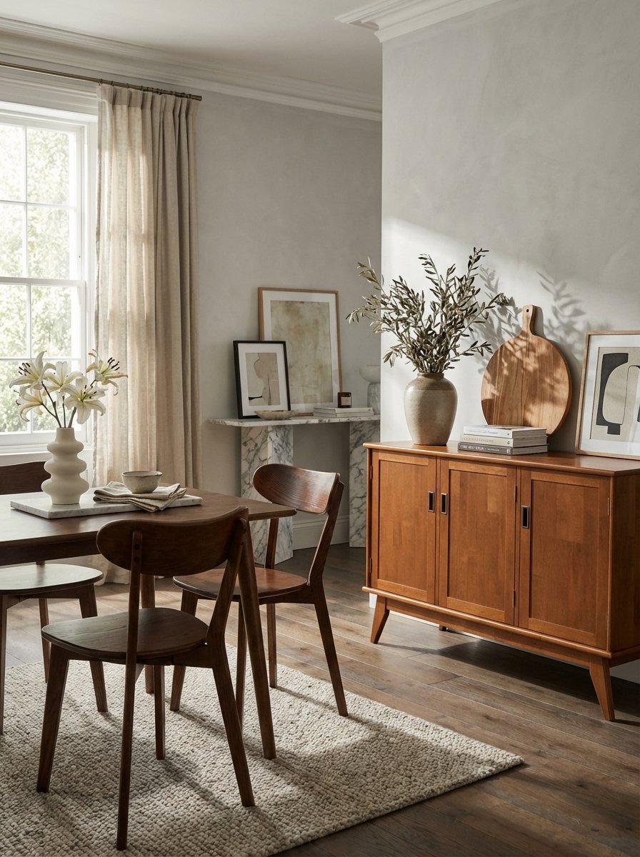 Premium solid wood furniture including mid-century modern walnut dining chair, teak sideboard buffet, and artisan acacia wood serving board showcasing investment-quality home furnishings