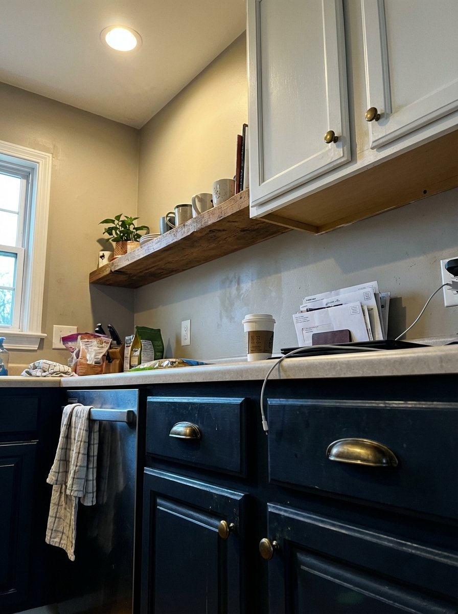 Two-tone kitchen featuring navy lower cabinets and white uppers with greige walls and brass hardware details