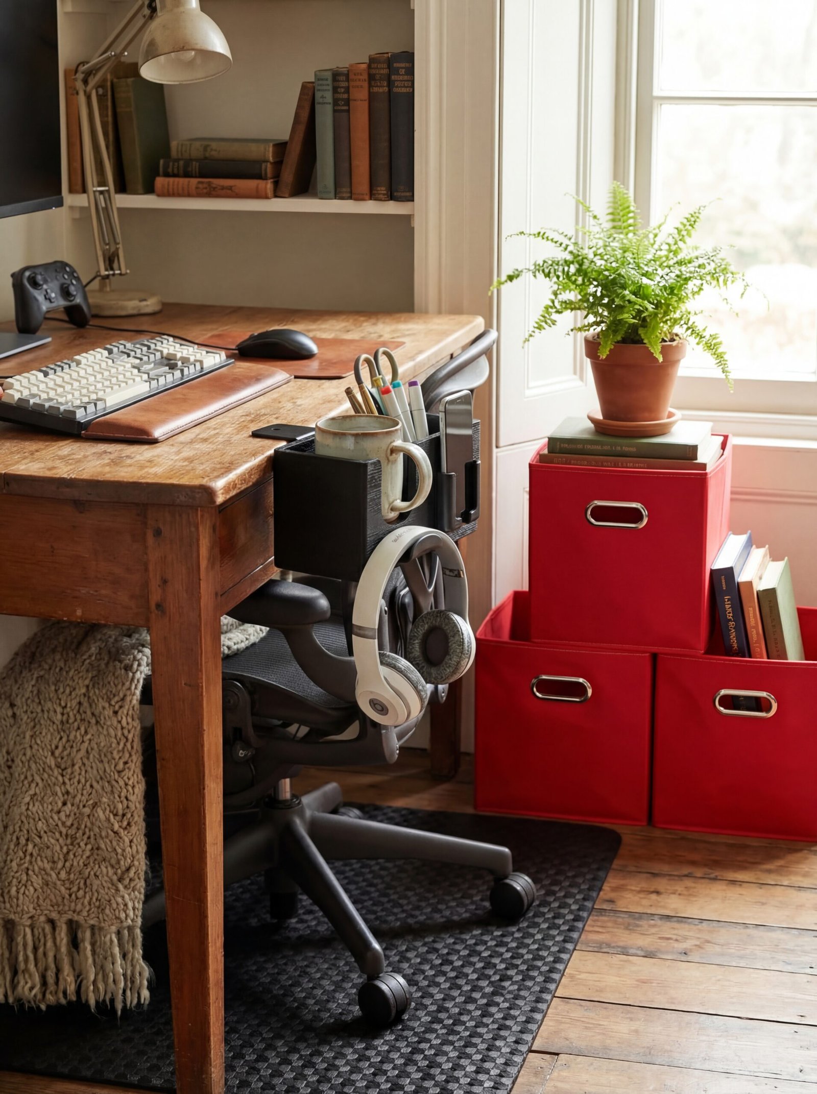 Curated collection of second-hand furniture pieces and accessories creating a cohesive high-end gaming room design