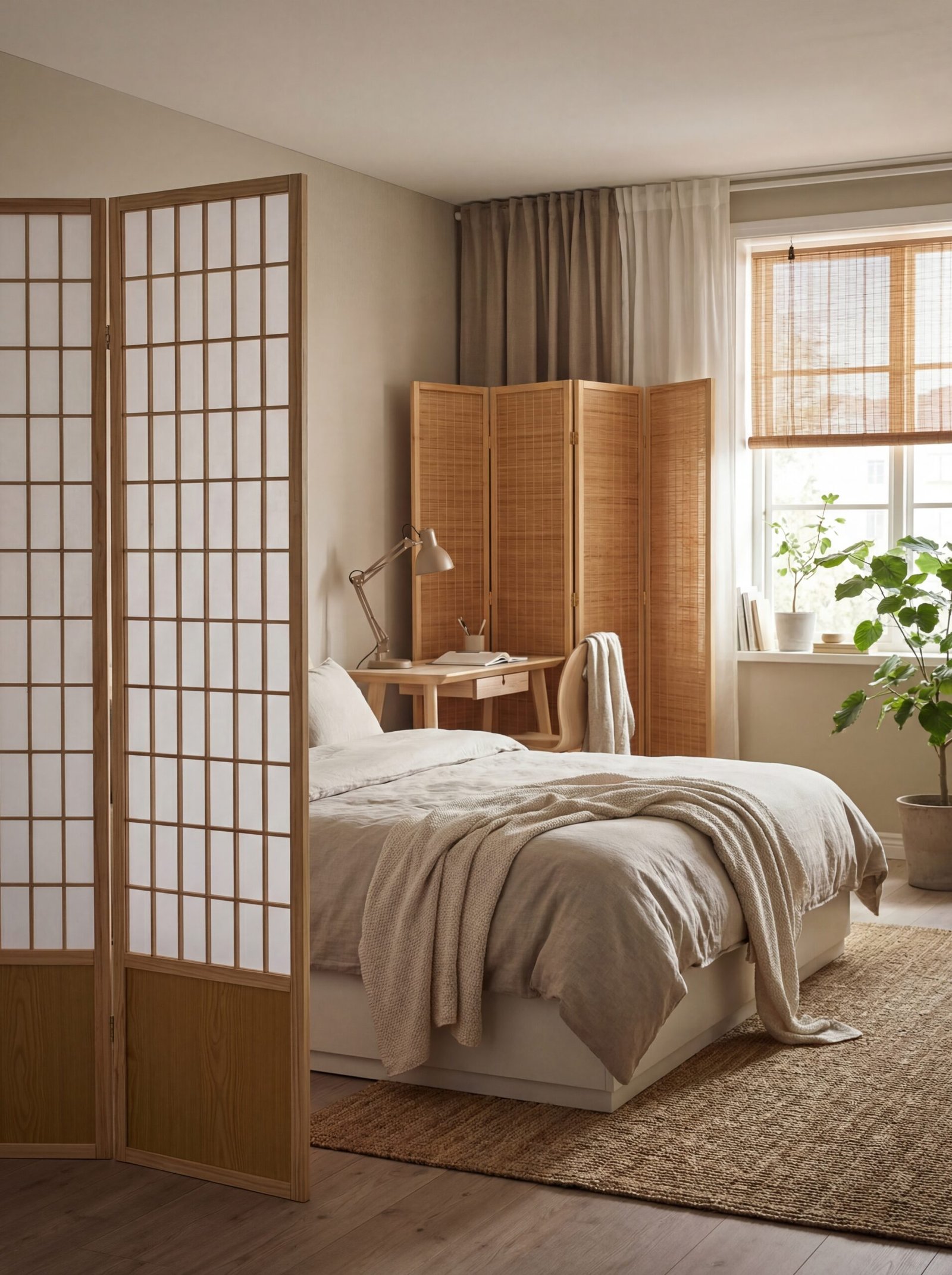 Japanese shoji screen room divider with natural bamboo creating flexible zones in modern Japandi bedroom layout